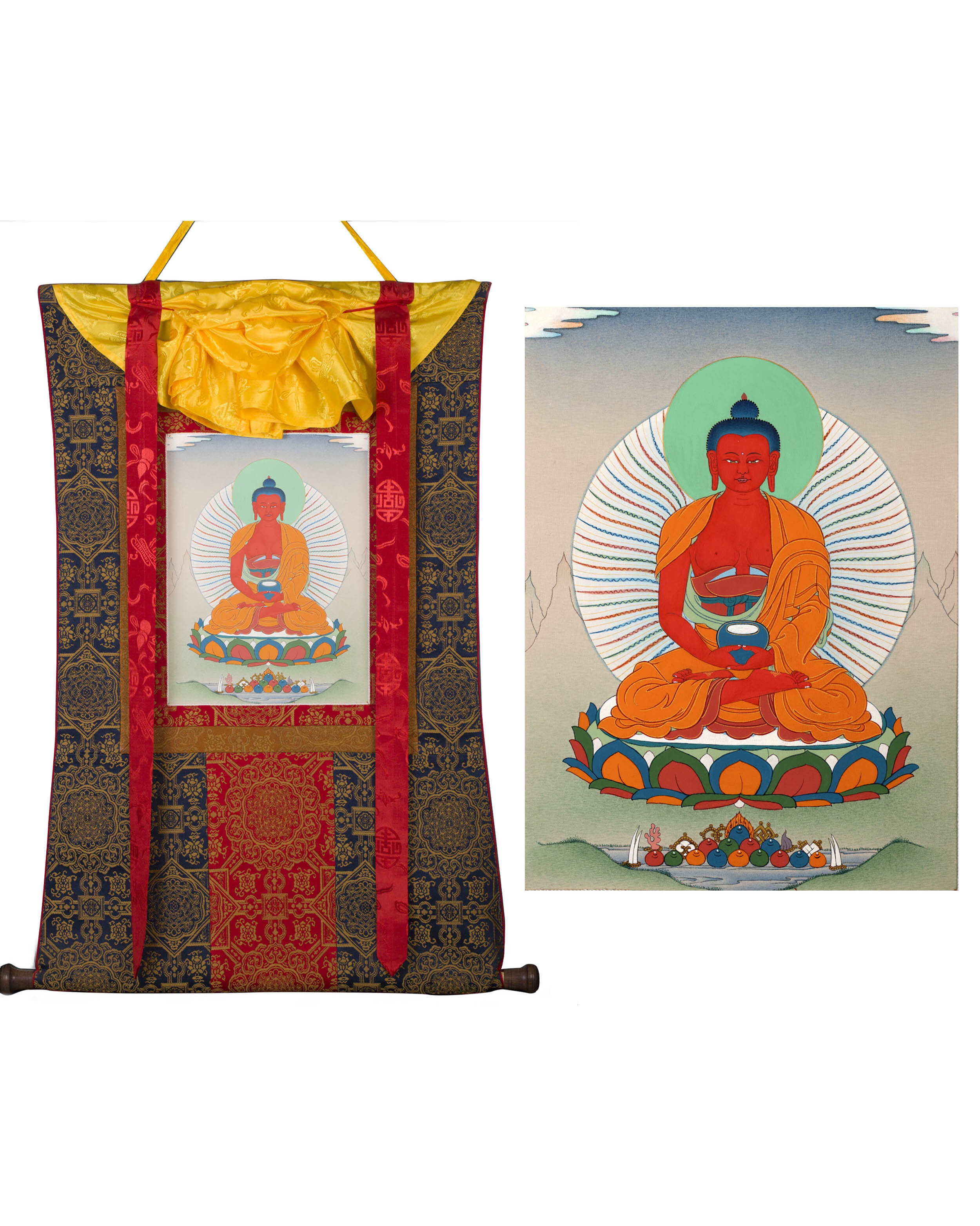 Red Amitabha Buddha | Brocade Thangka | Wall Scroll Painting