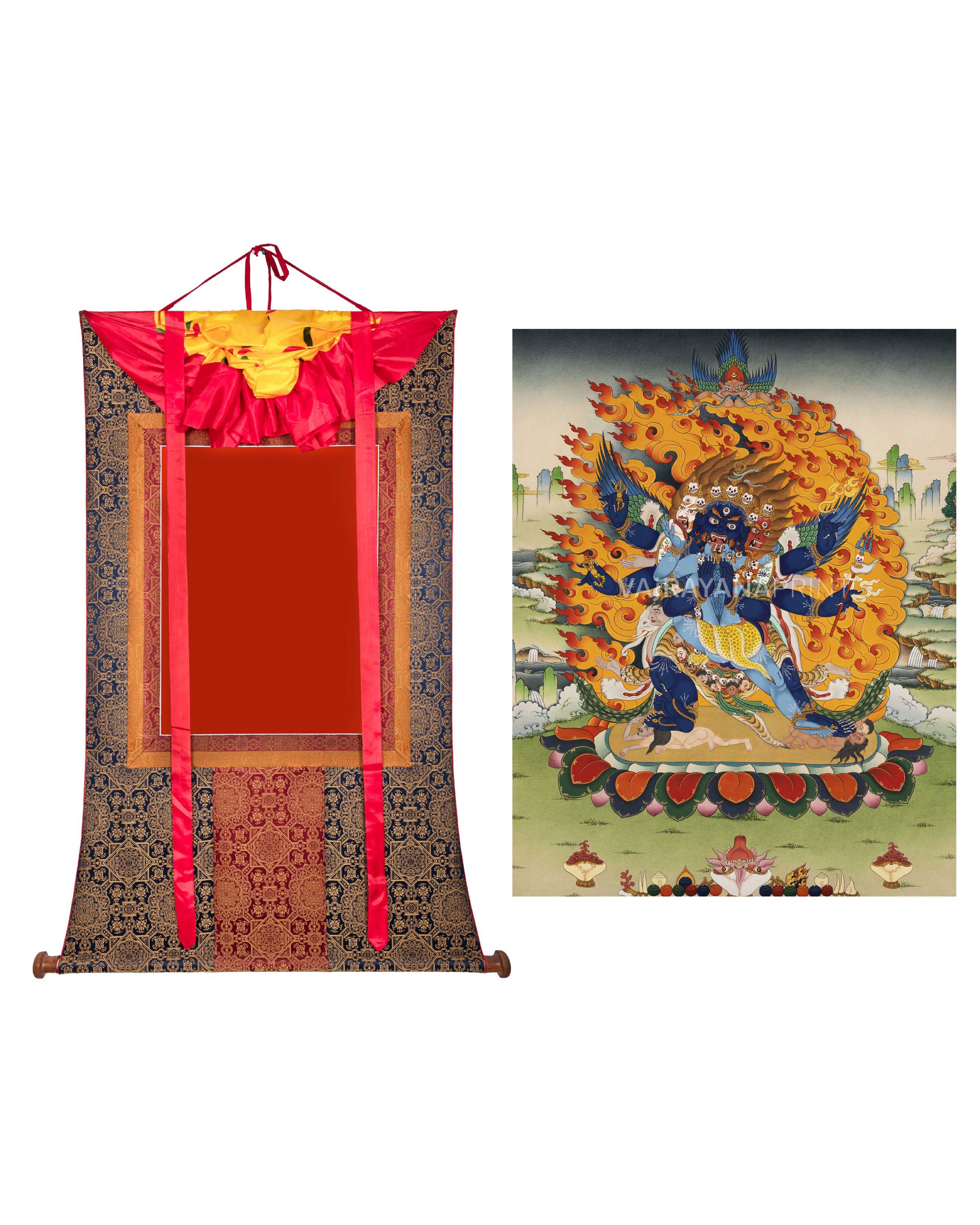 Vajrakilaya Thangka Print | Antique Black and Red Silk Brocade | Runner