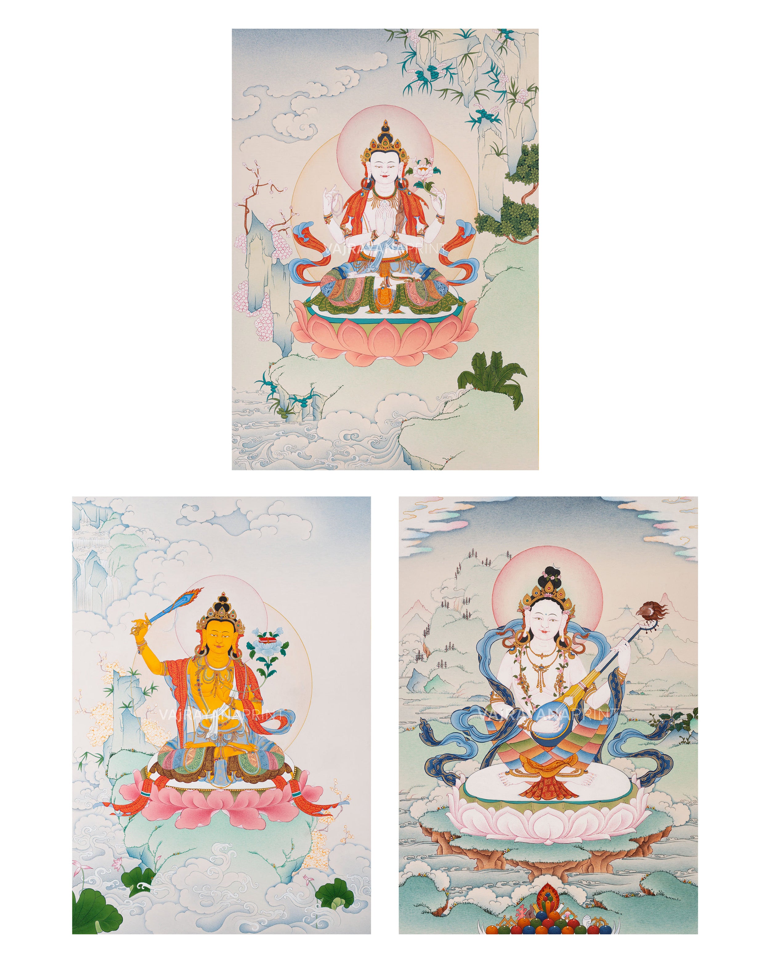 Chenrezig, Manjushri and Saraswoti Thangka Print Set | Giclee Canvas
