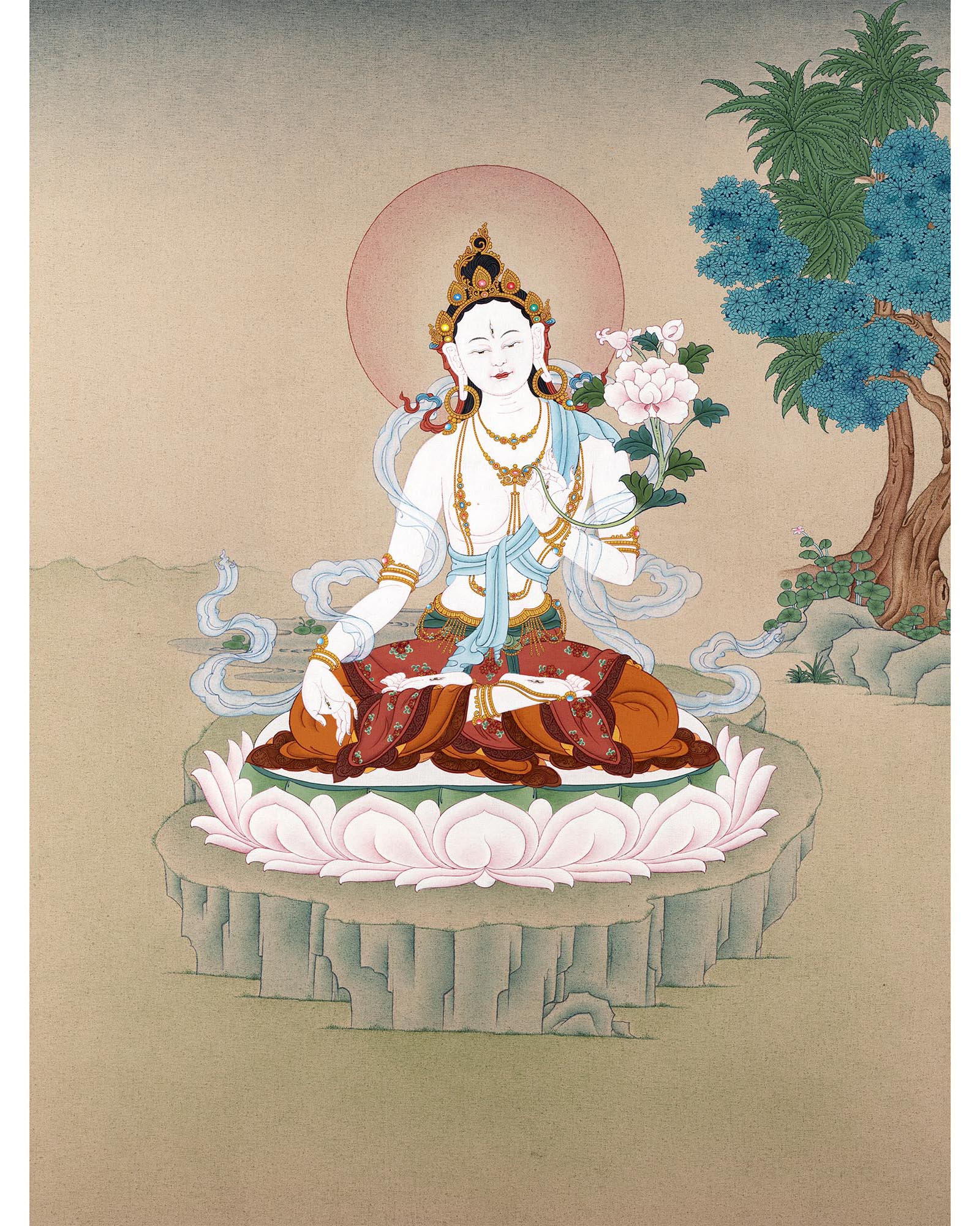 White Tara Thangka | Tibetan painting in 24k Gold