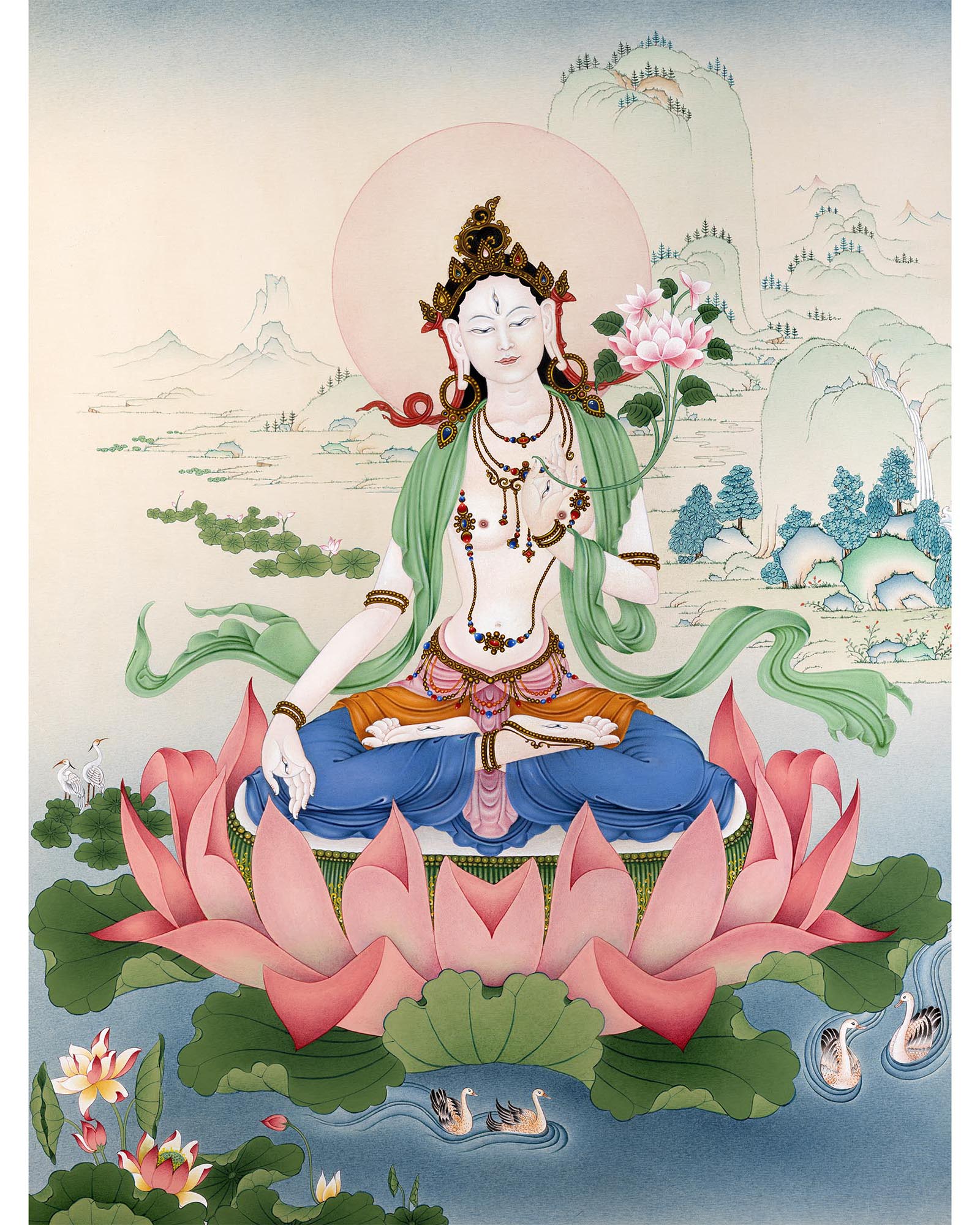 White Tara Thangka | Traditional Tibetan Stone Color White Tara Painting