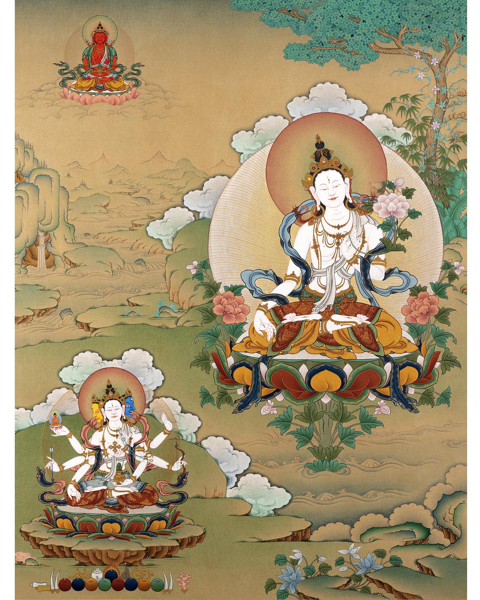 White Tara with Namgyalma, Amitayus Buddha | Treasure Bodhisattva | Tibetan Thangka