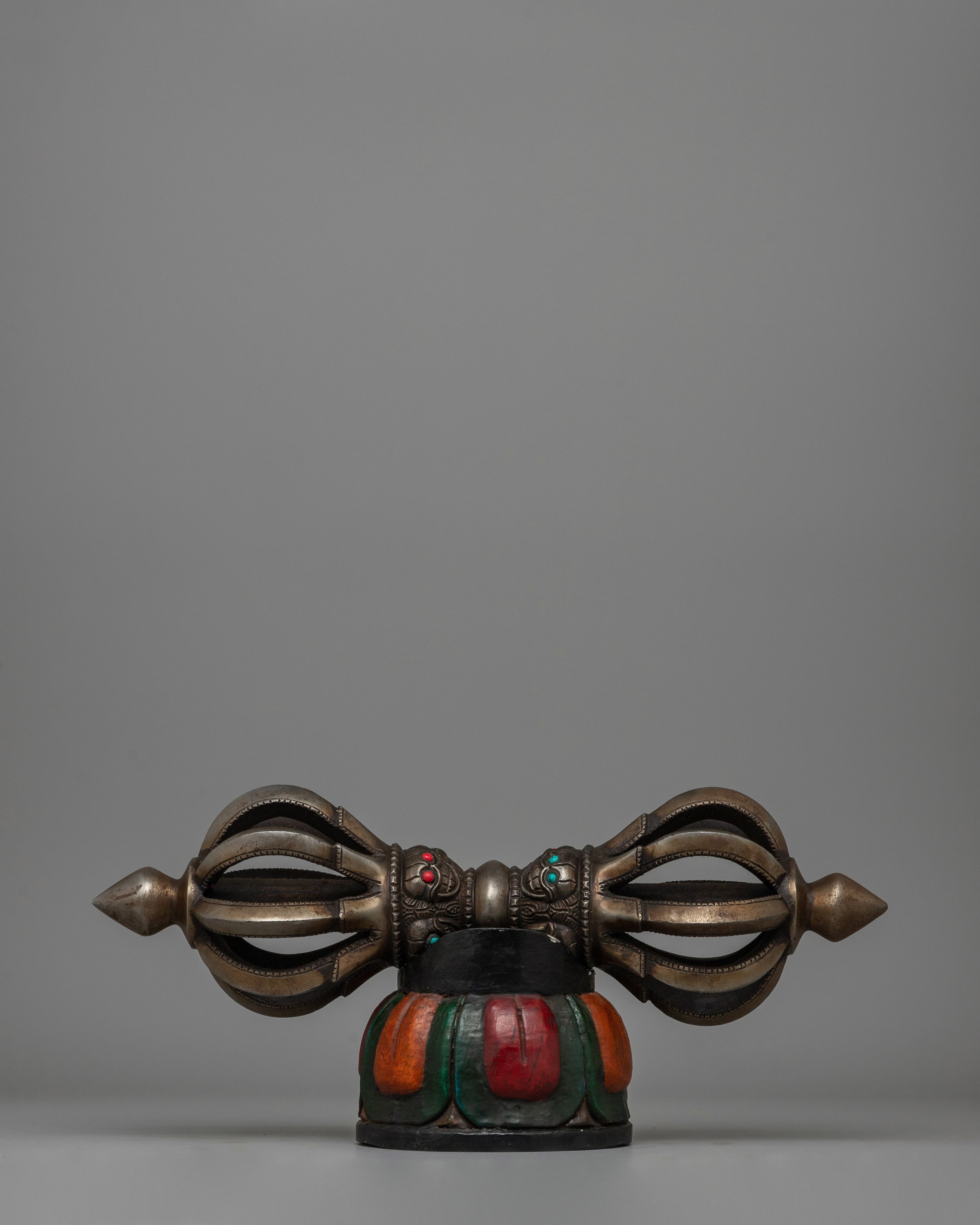 Iron Vajra with a Wooden Base and Turquoise Coral Inlays