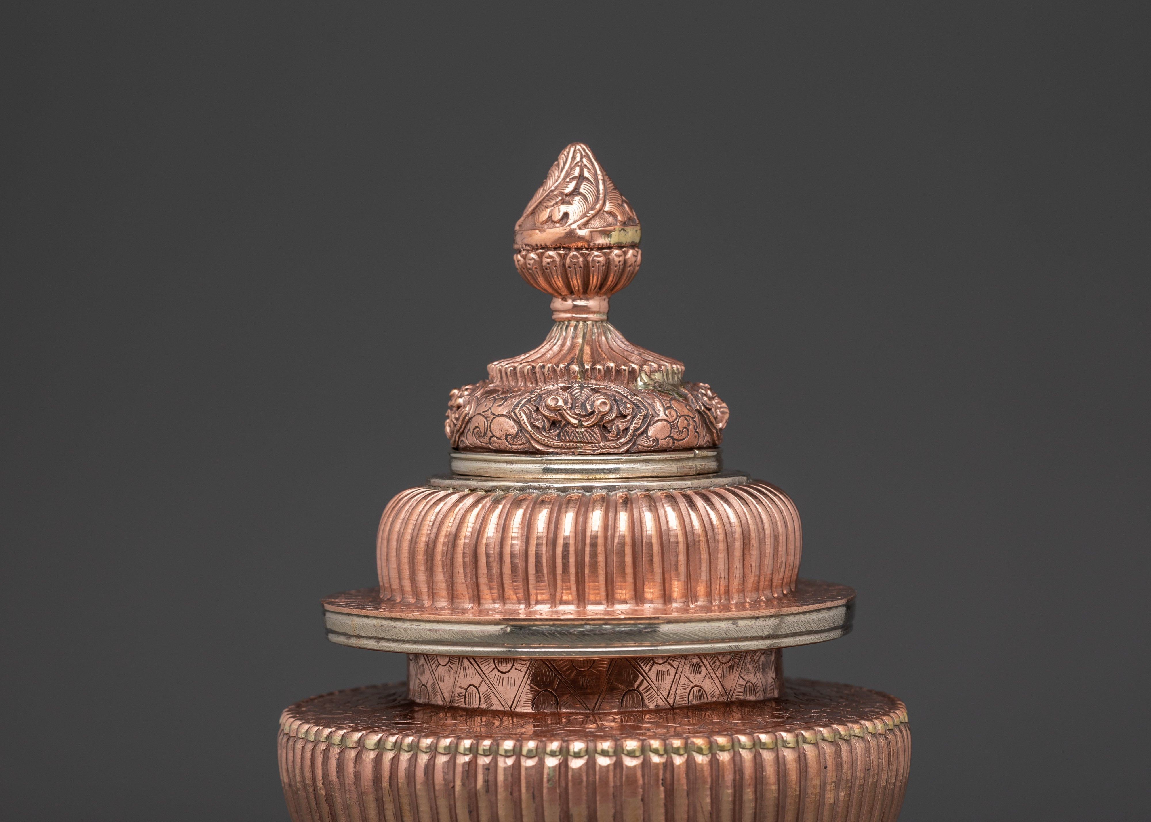 Handmade Copper Rice Pot | Tibetan Ritual Vessel with White Metal Accents and Lid