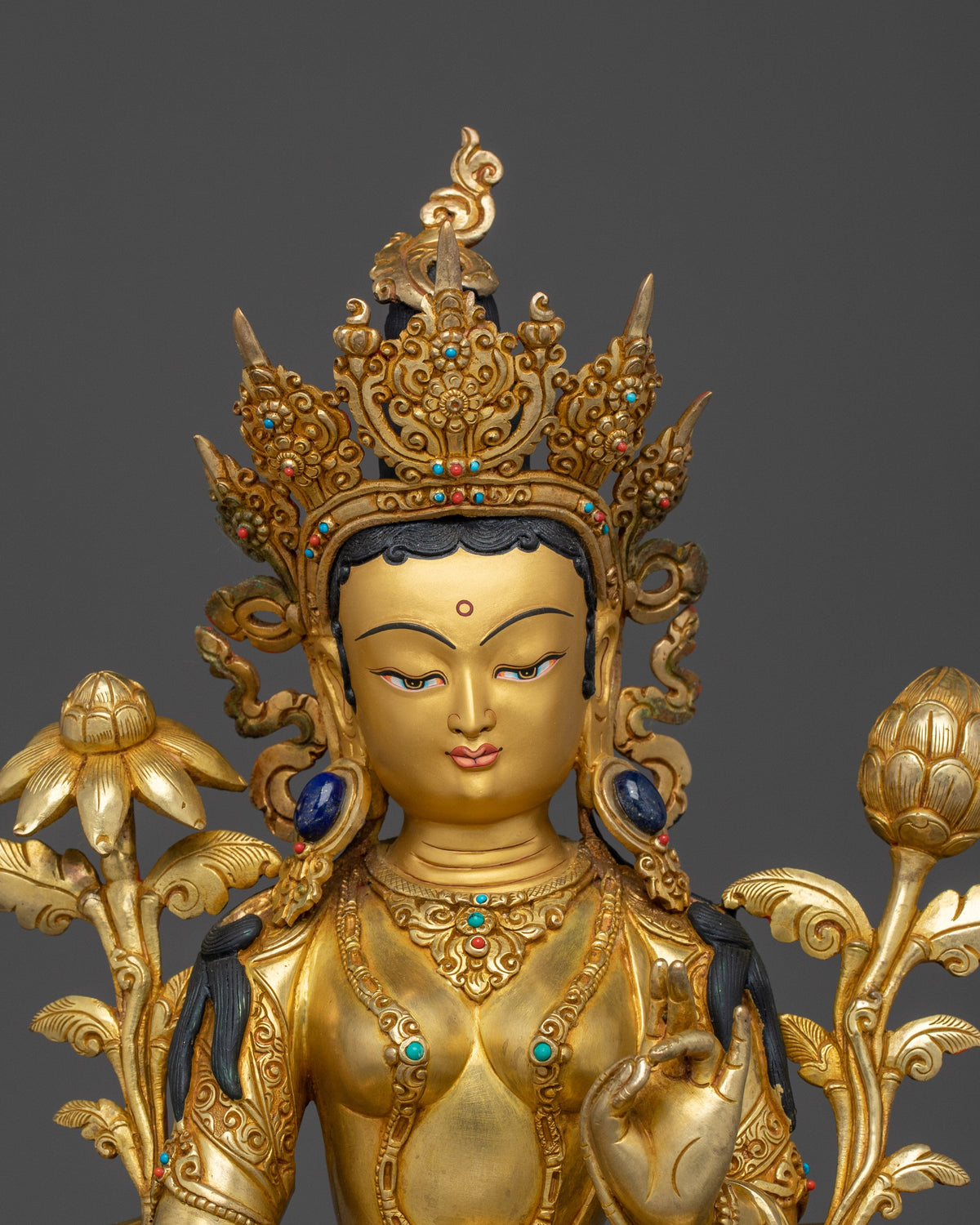 Sacred Green Tara Goddess Sculpture | 24K Gold Gilded Copper with Acrylic Detailing