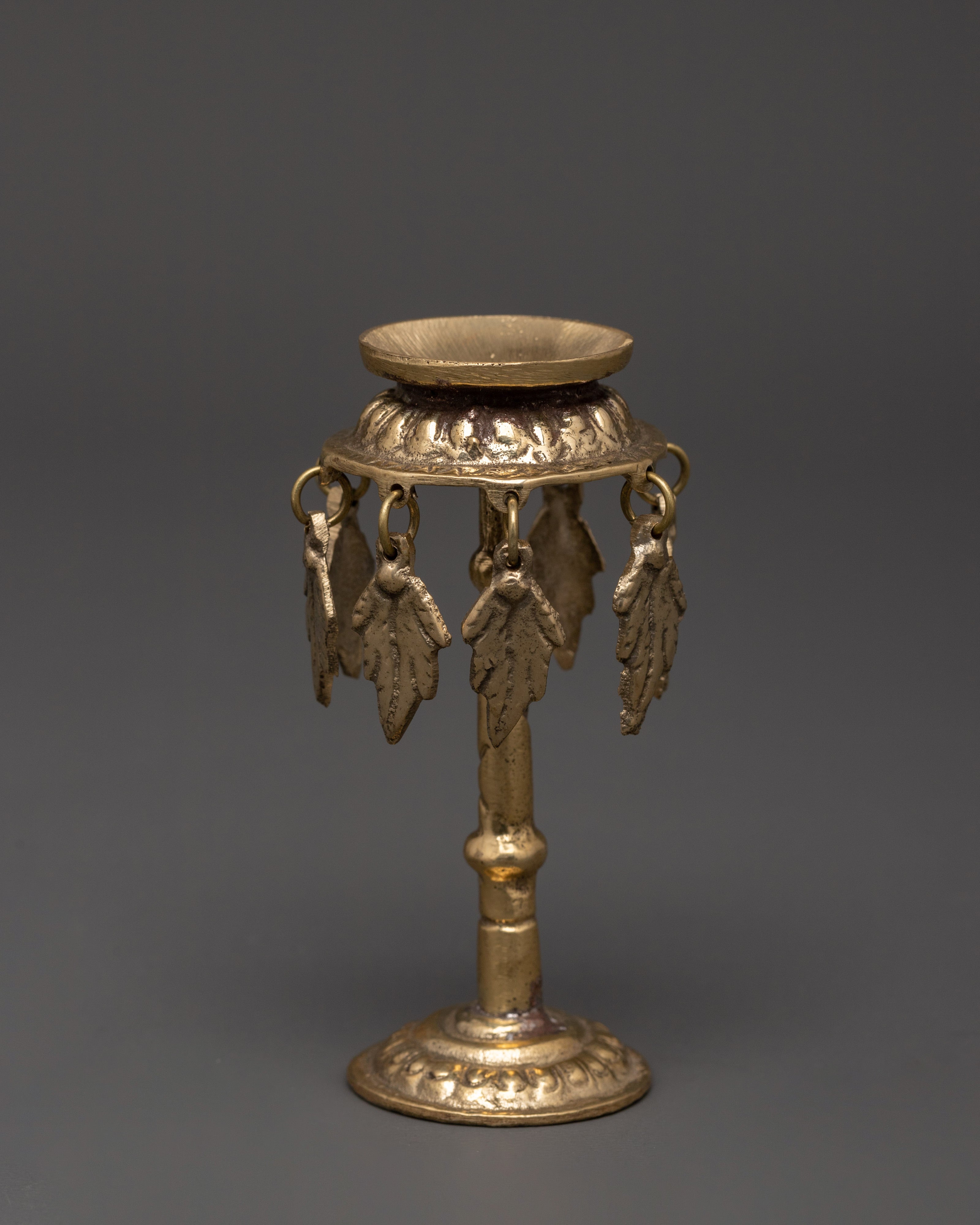 Traditional Brass Oil Lamp with Hanging Leaf Charms | Hindu & Buddhist Diya for Puja