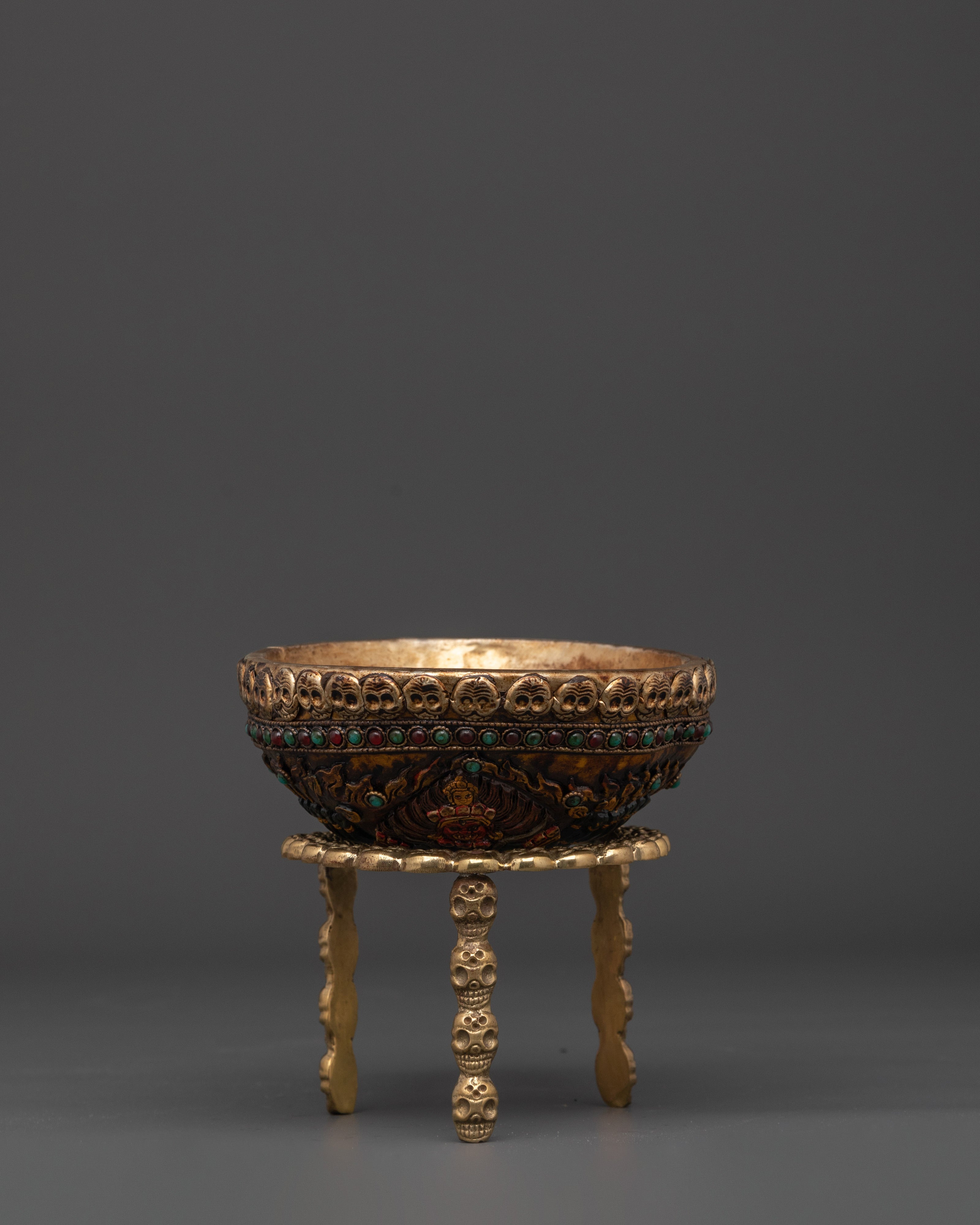 Handcrafted Resin Kapala with Brass Stand | Tibetan Ritual Skull Cup