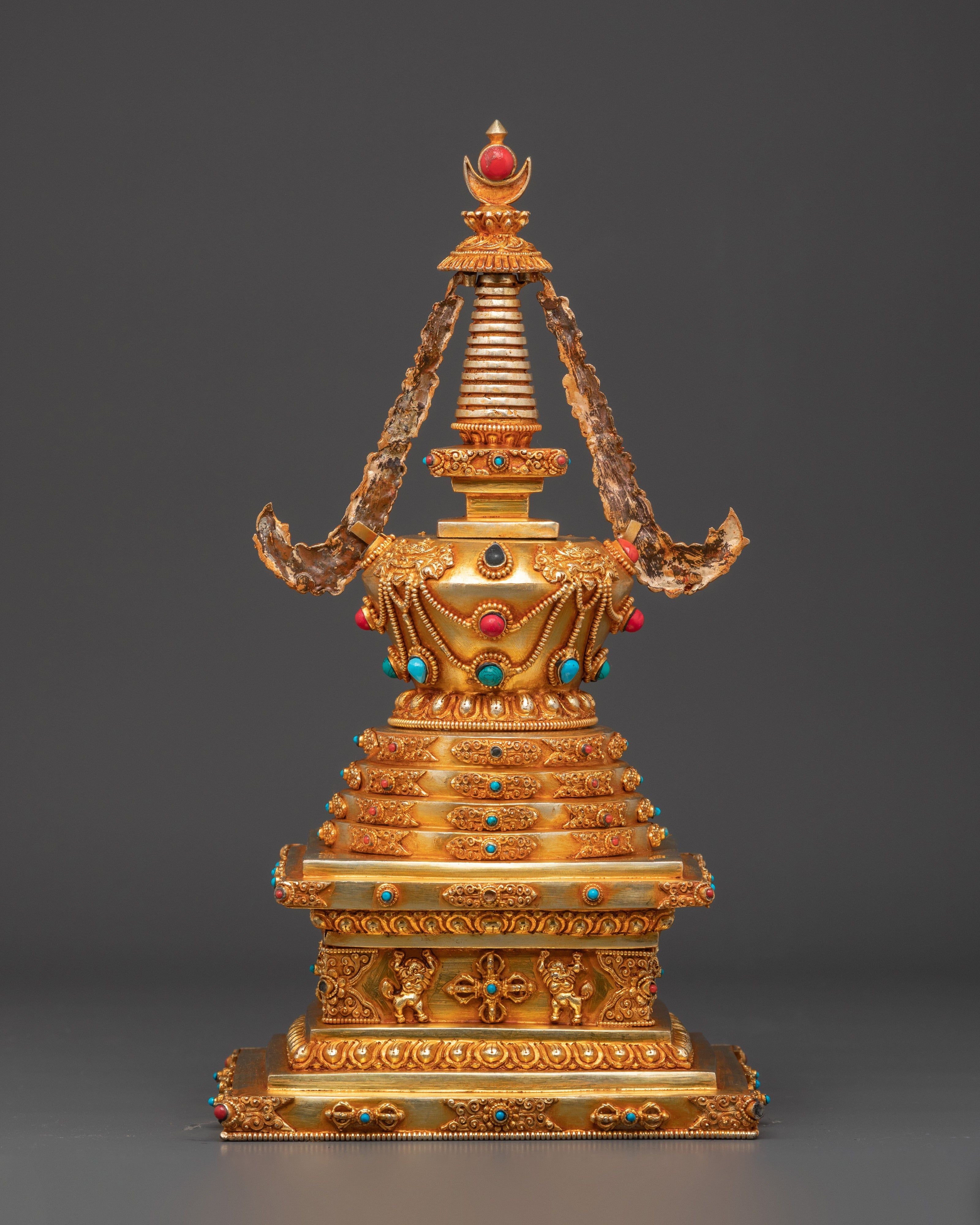 Handcrafted Tibetan Buddhist Chorten | Gold-Plated Copper Stupa