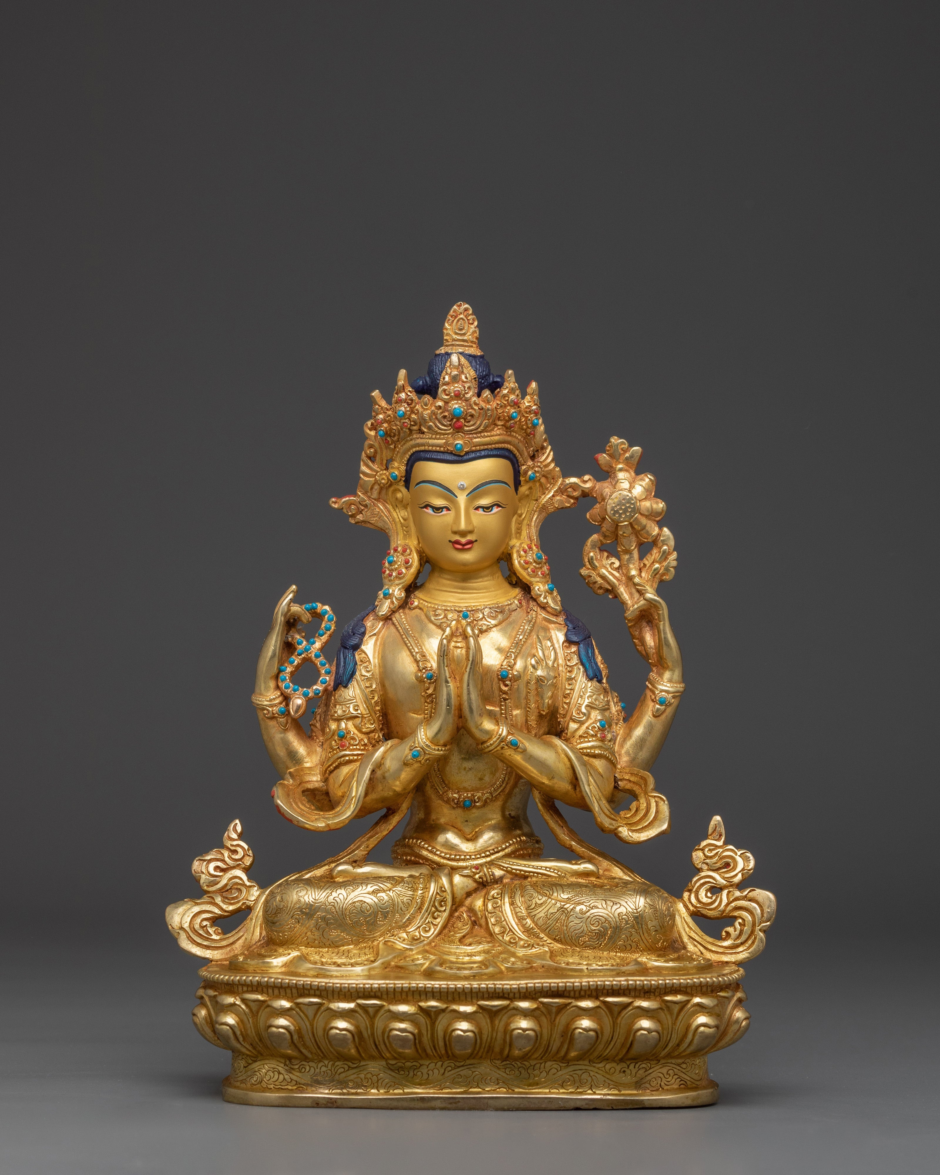 Copper Chenrezig with Gemstone Inlay