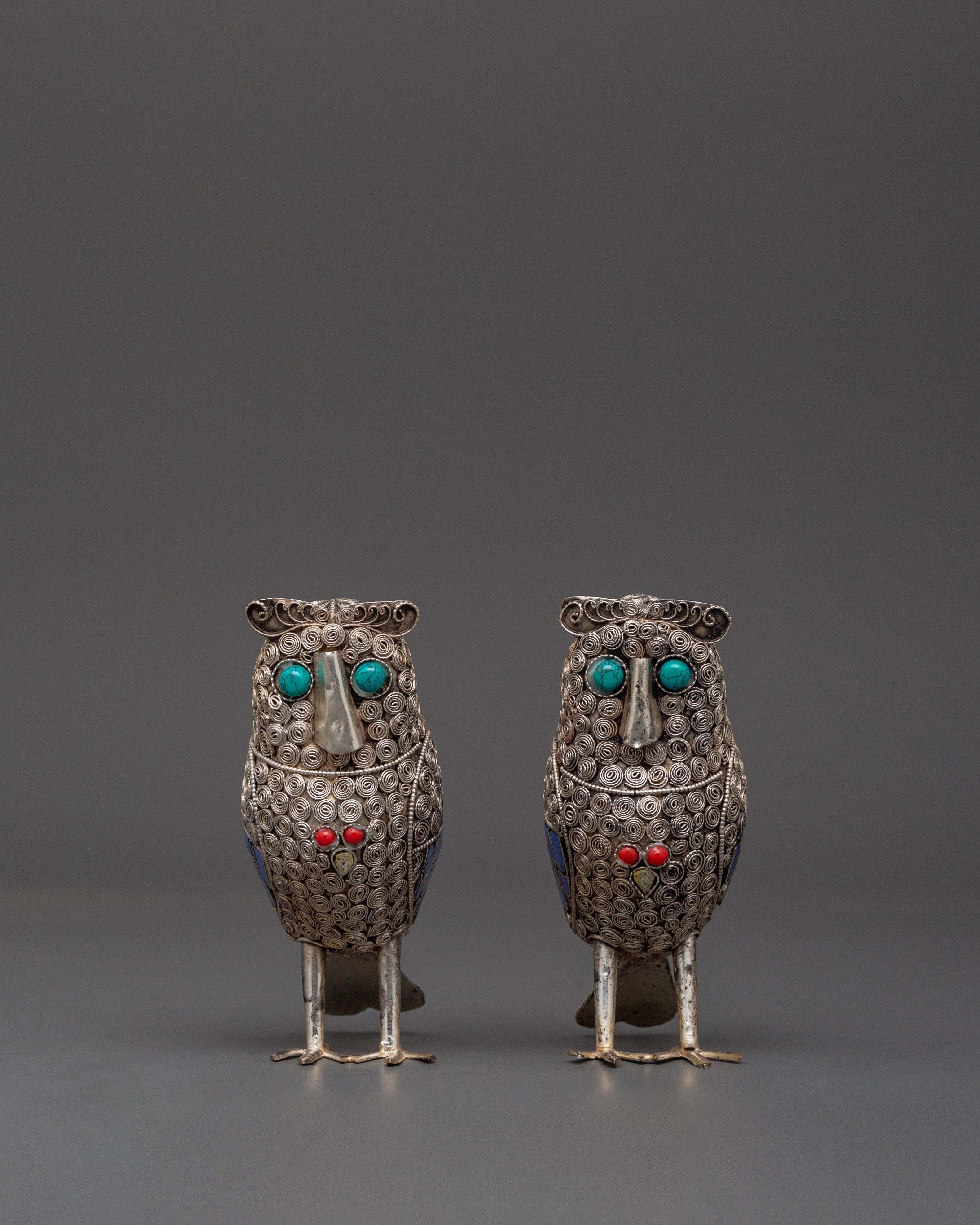 Handmade White Metal Owl Set