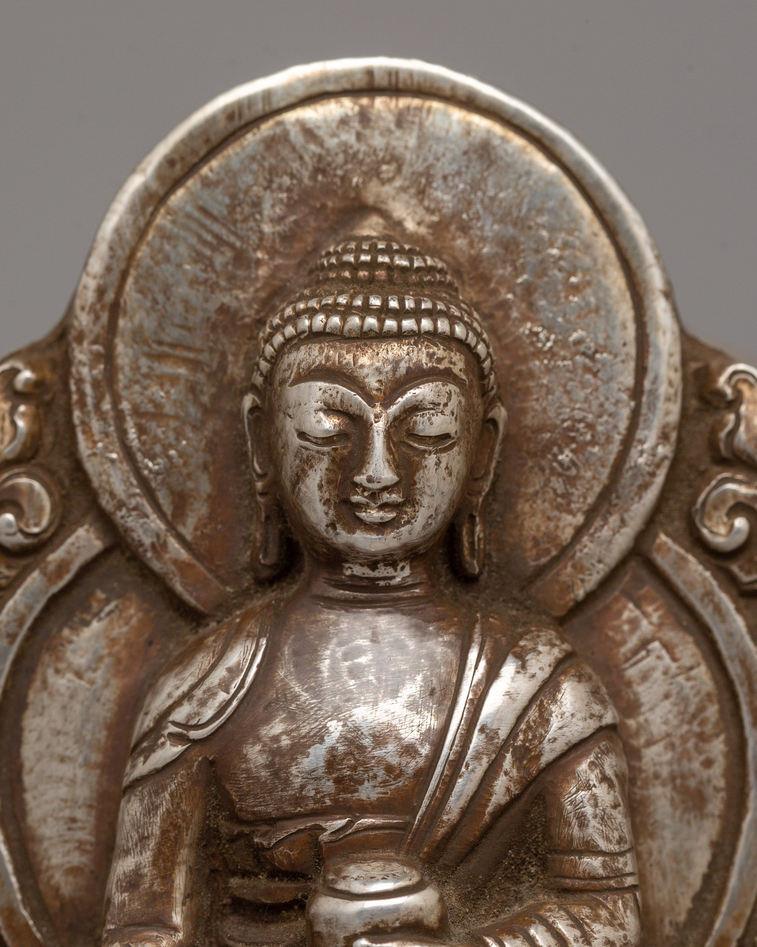 Shakyamuni Buddha Ghau Box in Silver | Sacred Buddhist Prayer Box