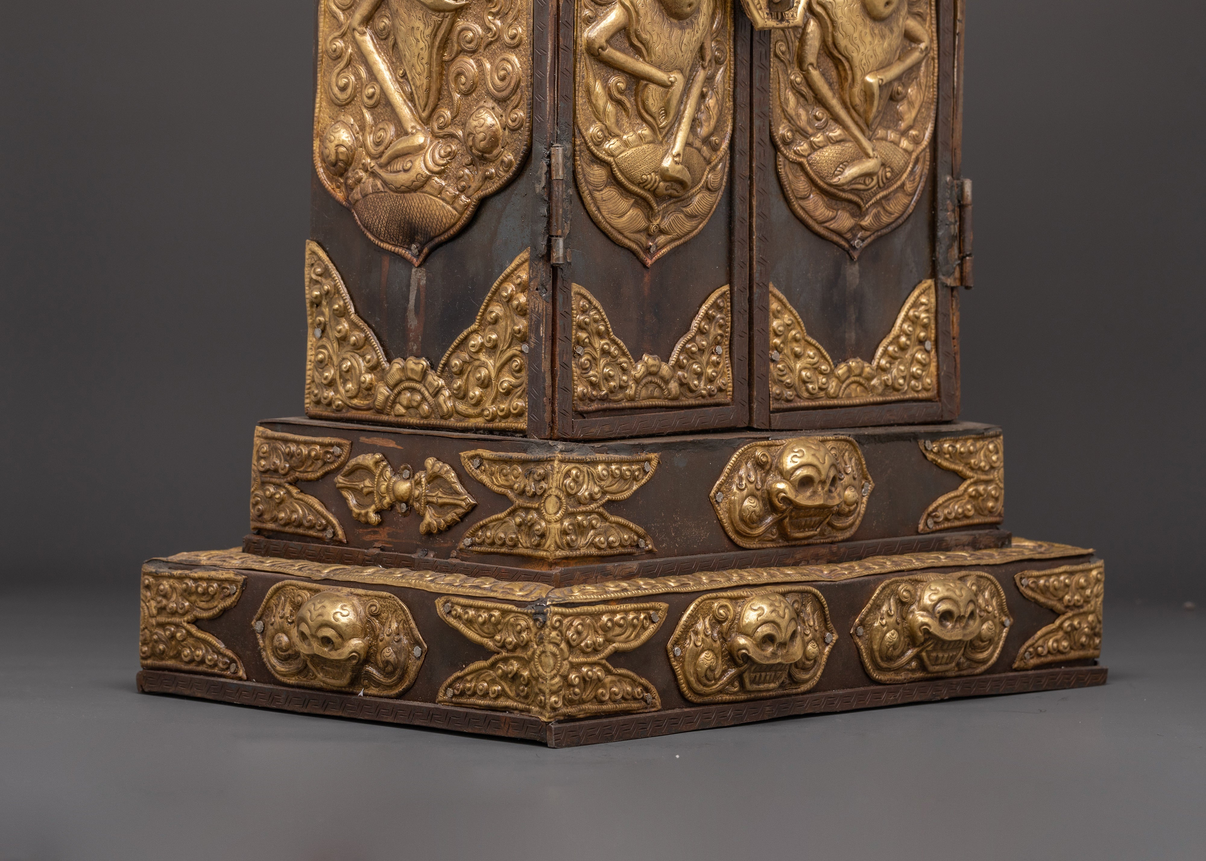 Large Chitipati Carved Ghau Box | Iron and Brass Tibetan Shrine Box