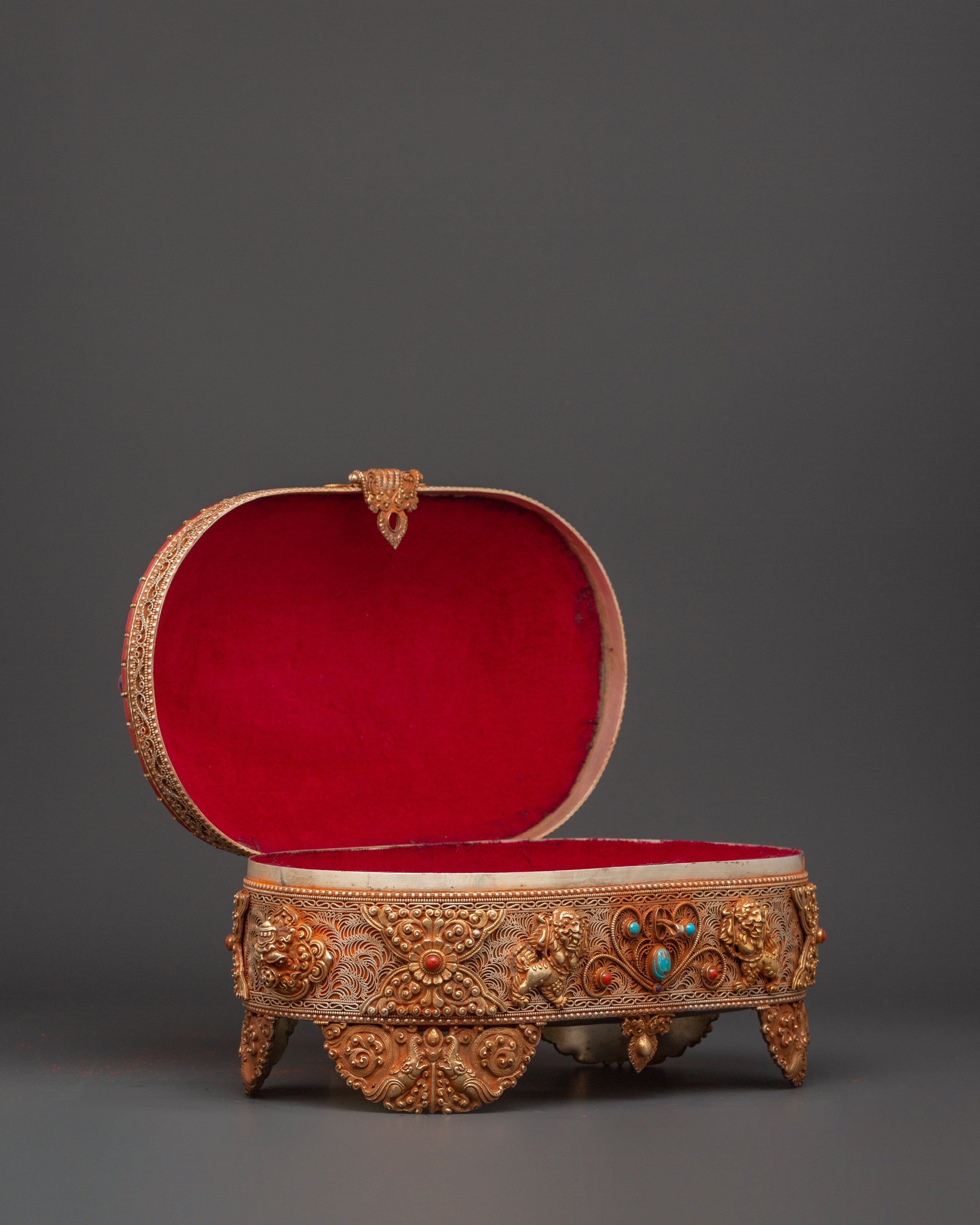Gold-Plated Copper Tibetan Treasure Box | Coral & Turquoise Stones Inlaid Handcrafted Box