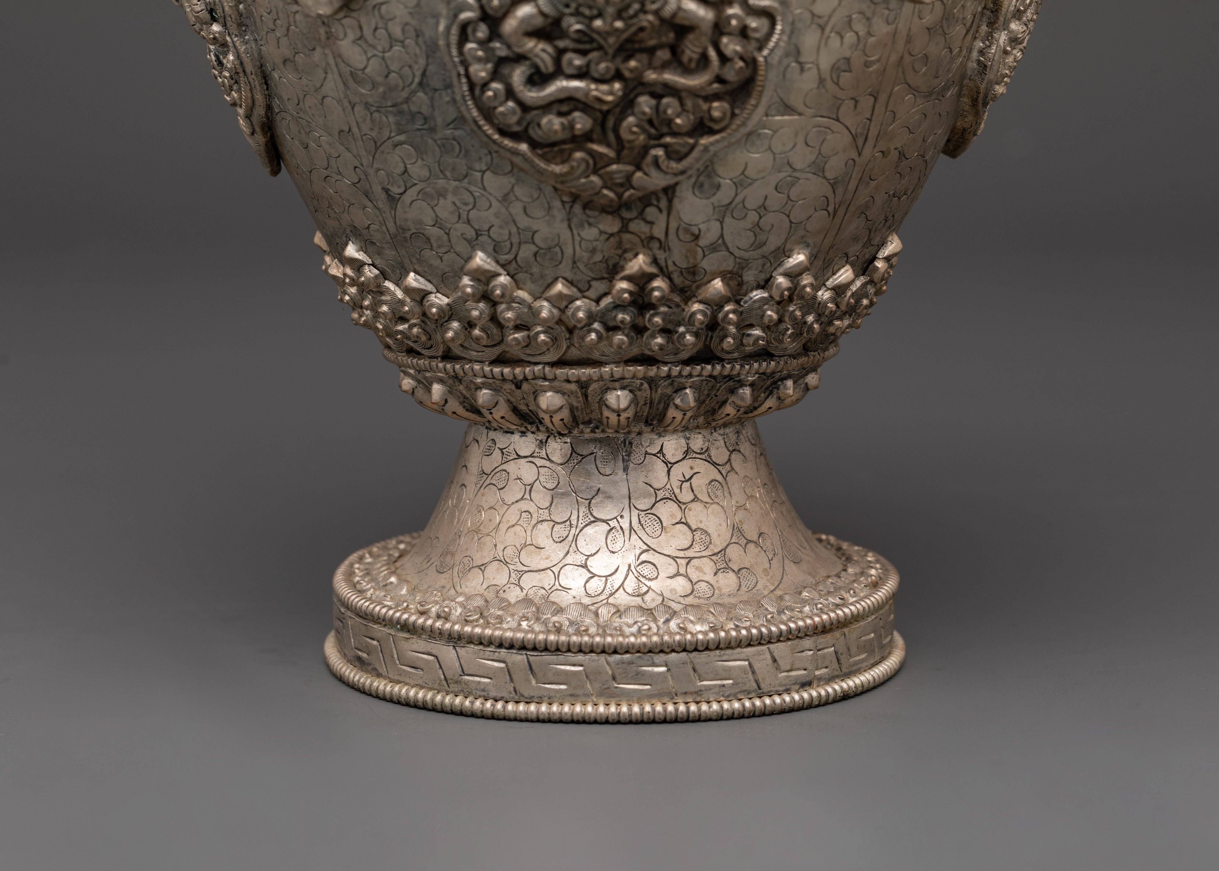 Handcrafted Silver Flower Vase Pair | Tibetan Buddhist Lion Motif Urns