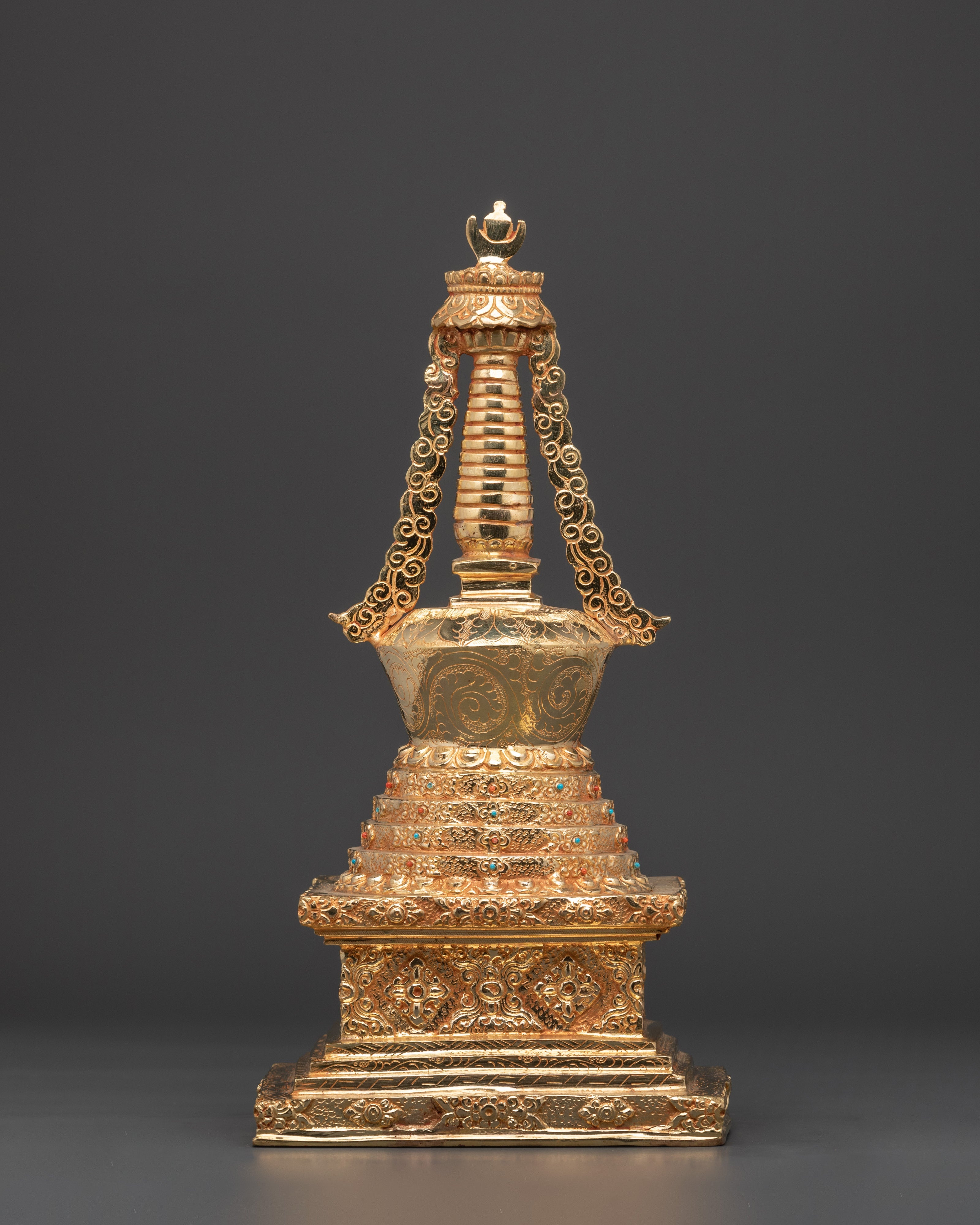 Gold-Plated Stupa Ritual Artifact | Handcrafted Copper Tibetan Stupa with Turquoise