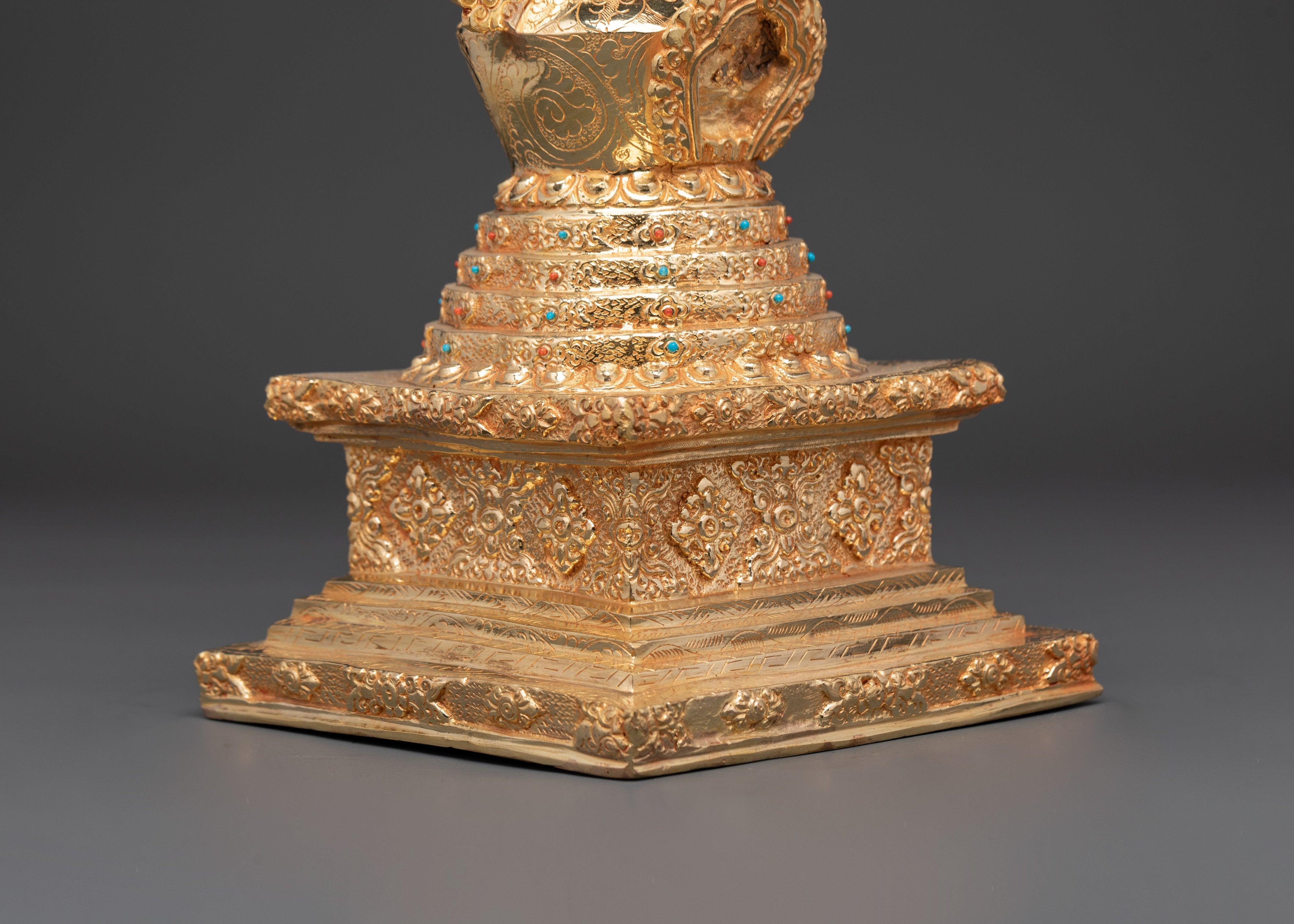 Gold-Plated Stupa Ritual Artifact | Handcrafted Copper Tibetan Stupa with Turquoise