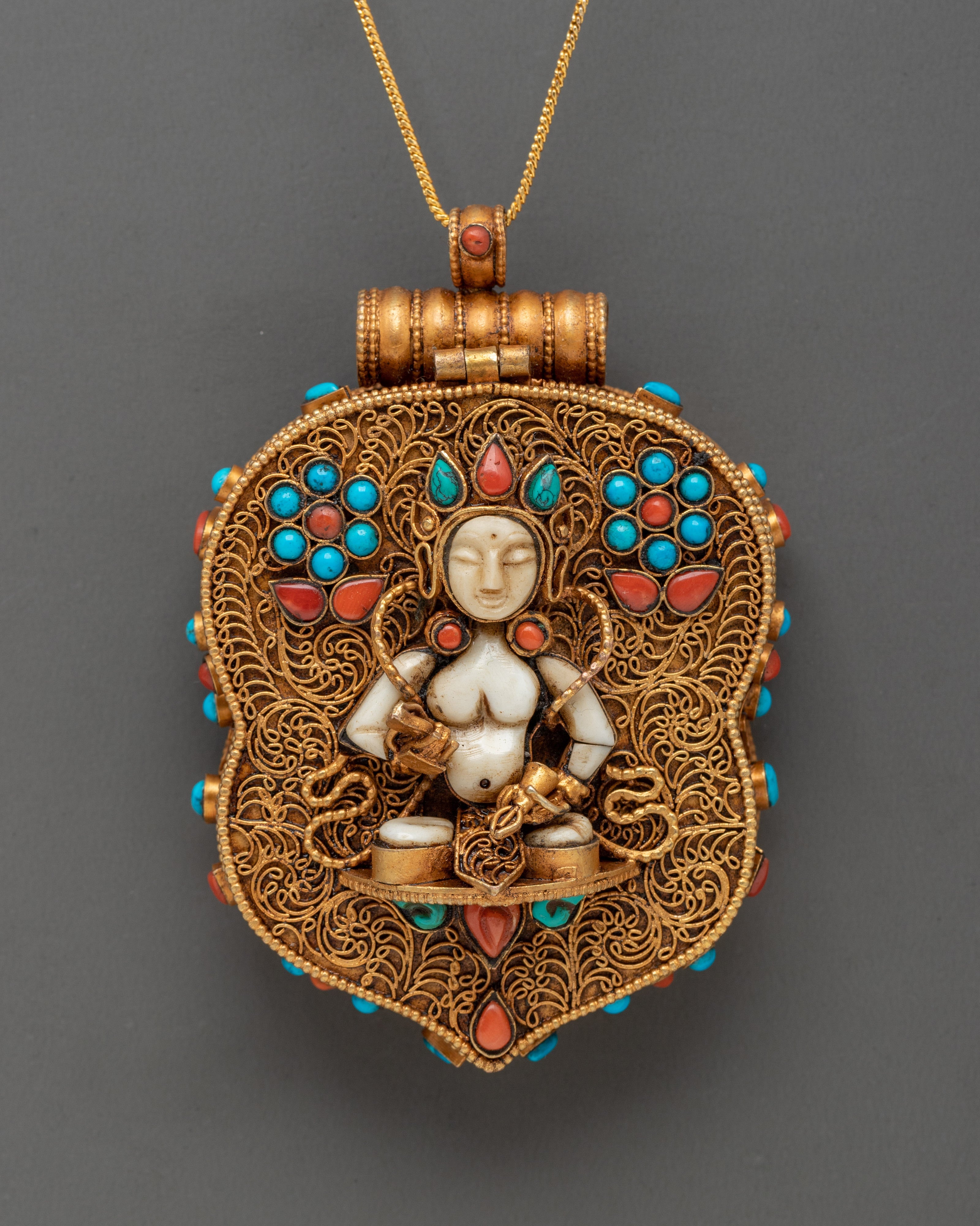 Gold Plated Deity Pendant with Coral