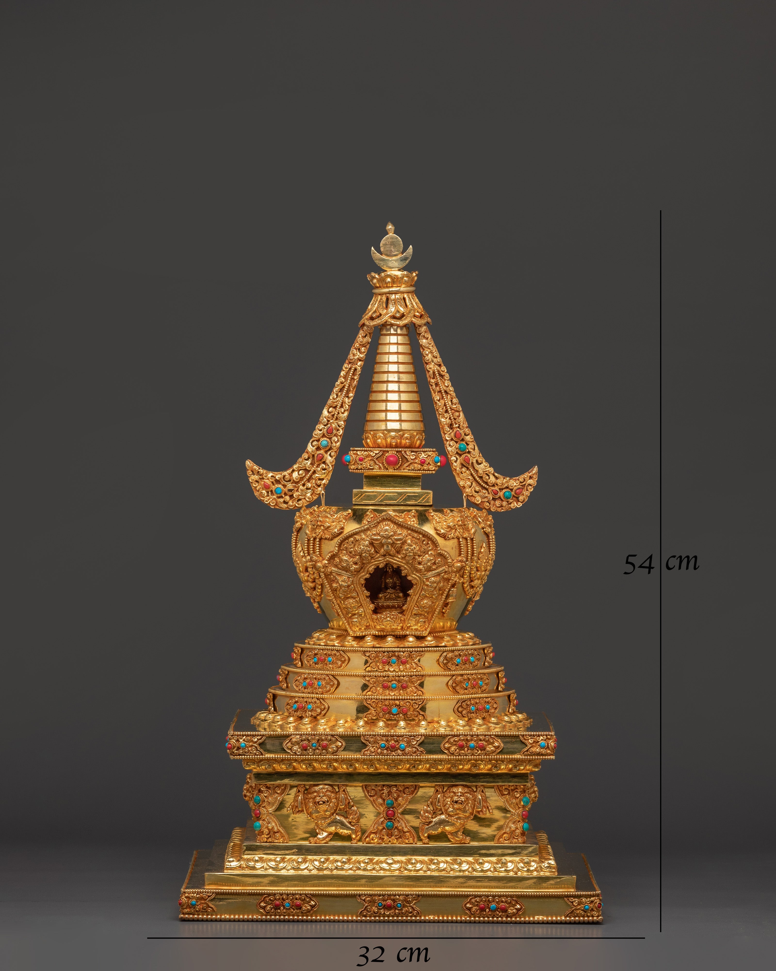 Gold-Plated Copper Buddhist Stupa for Tibetan Altar