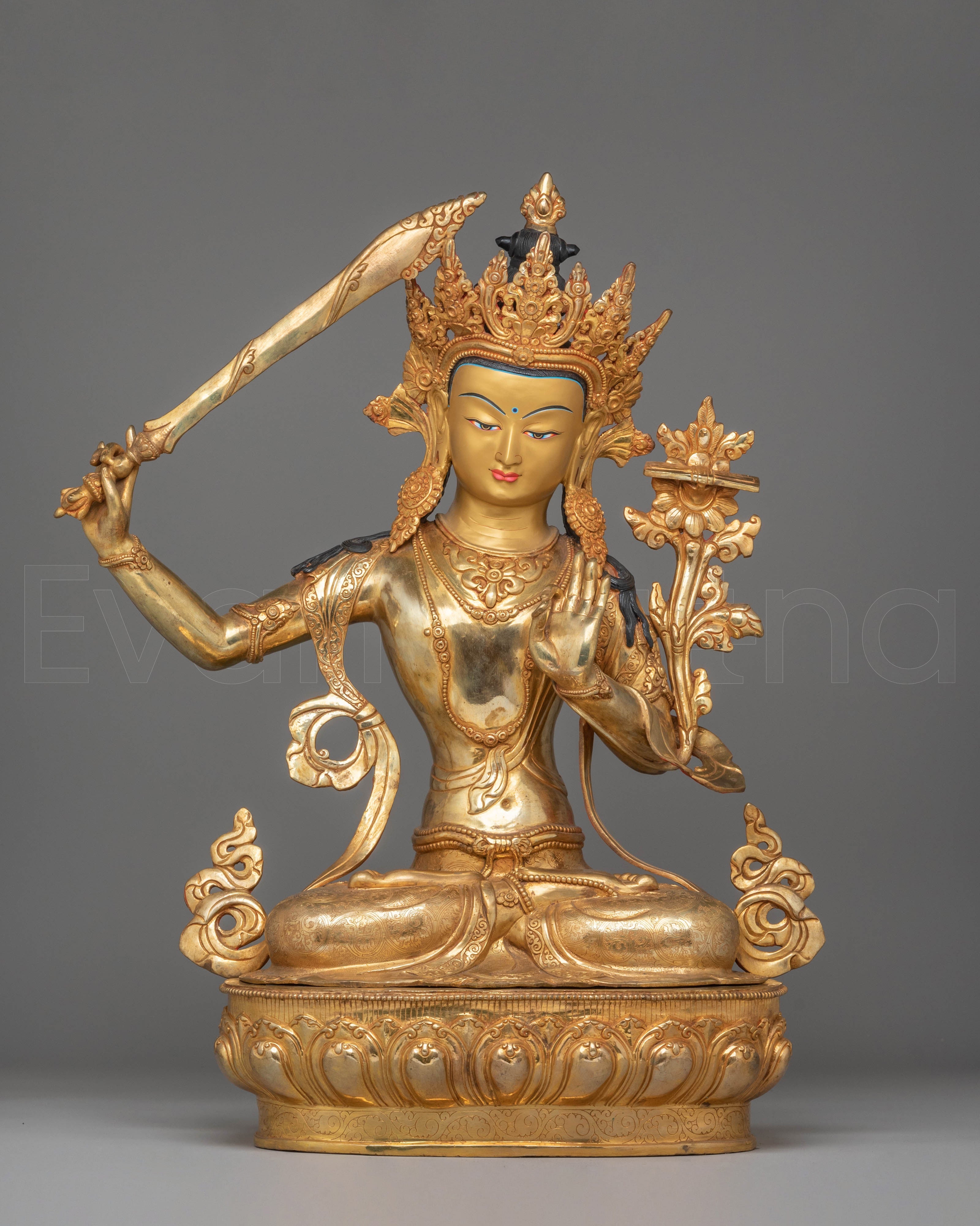 Handmade Spiritual Manjushri Statue | Gold-Plated Copper with Acrylic Color