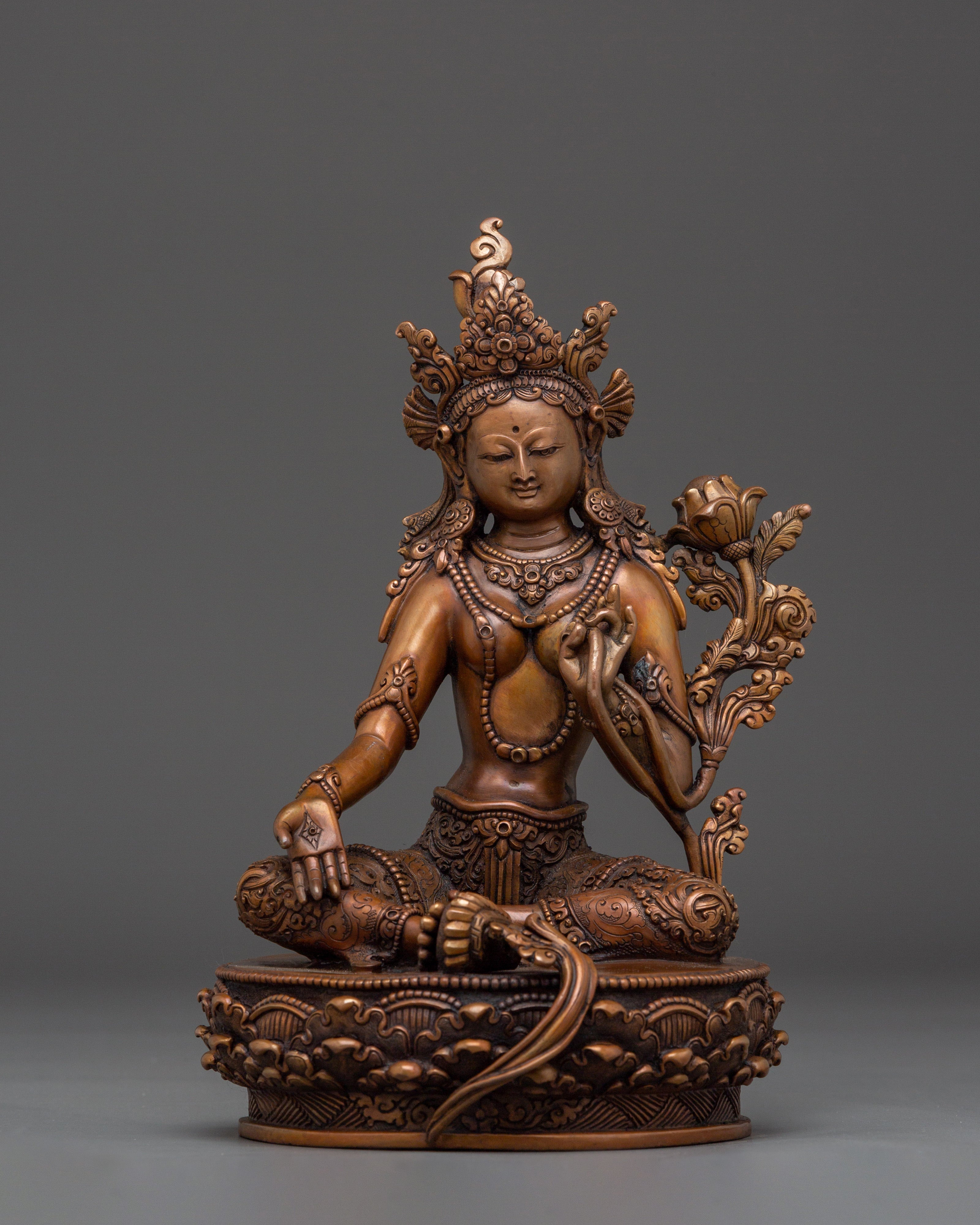 Handcrafted Oxidized Copper Green Tara Statue