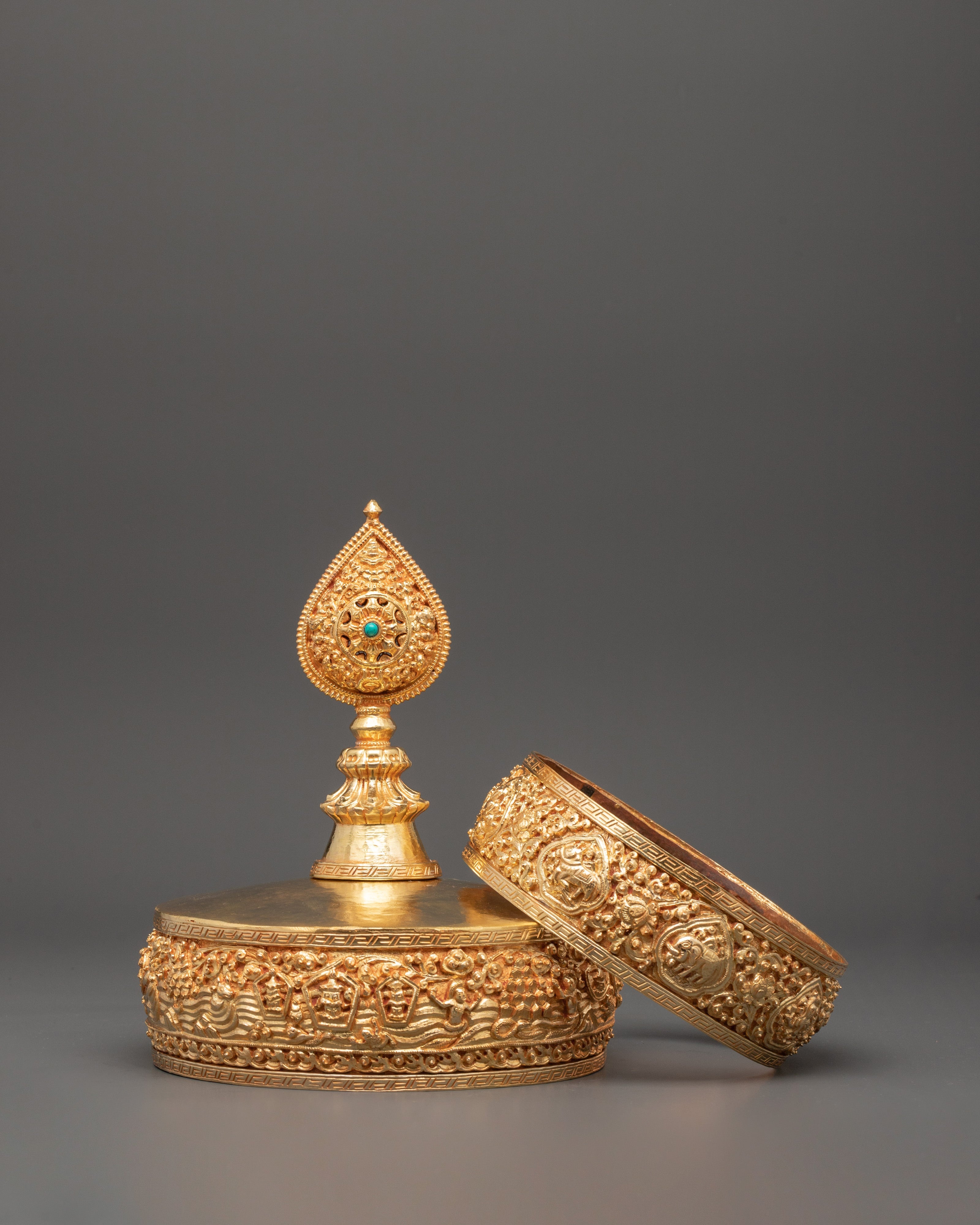 Gold Plated Tibetan Mandala Offering Set with Turquoise Stone | Spiritual Offering