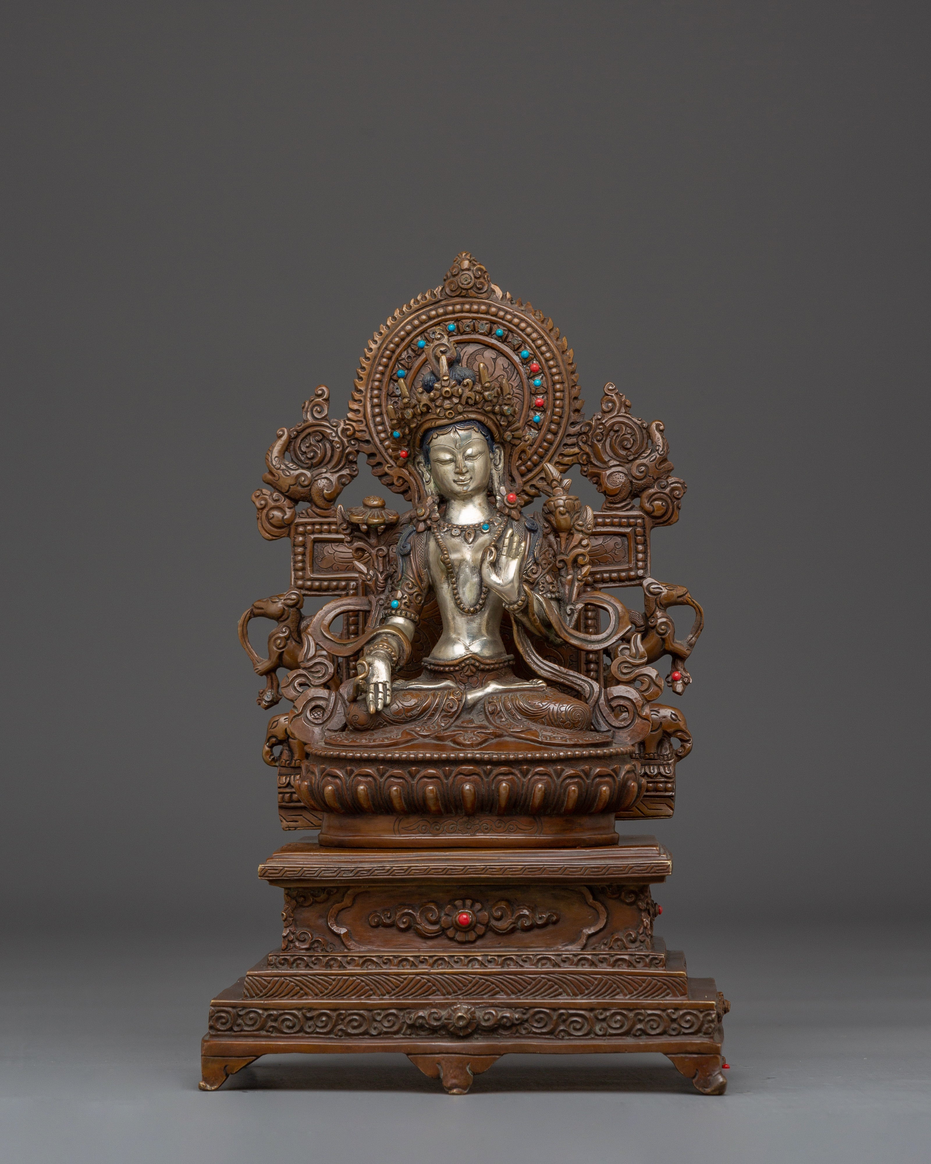 Silver & Copper White Tara Statue with Throne