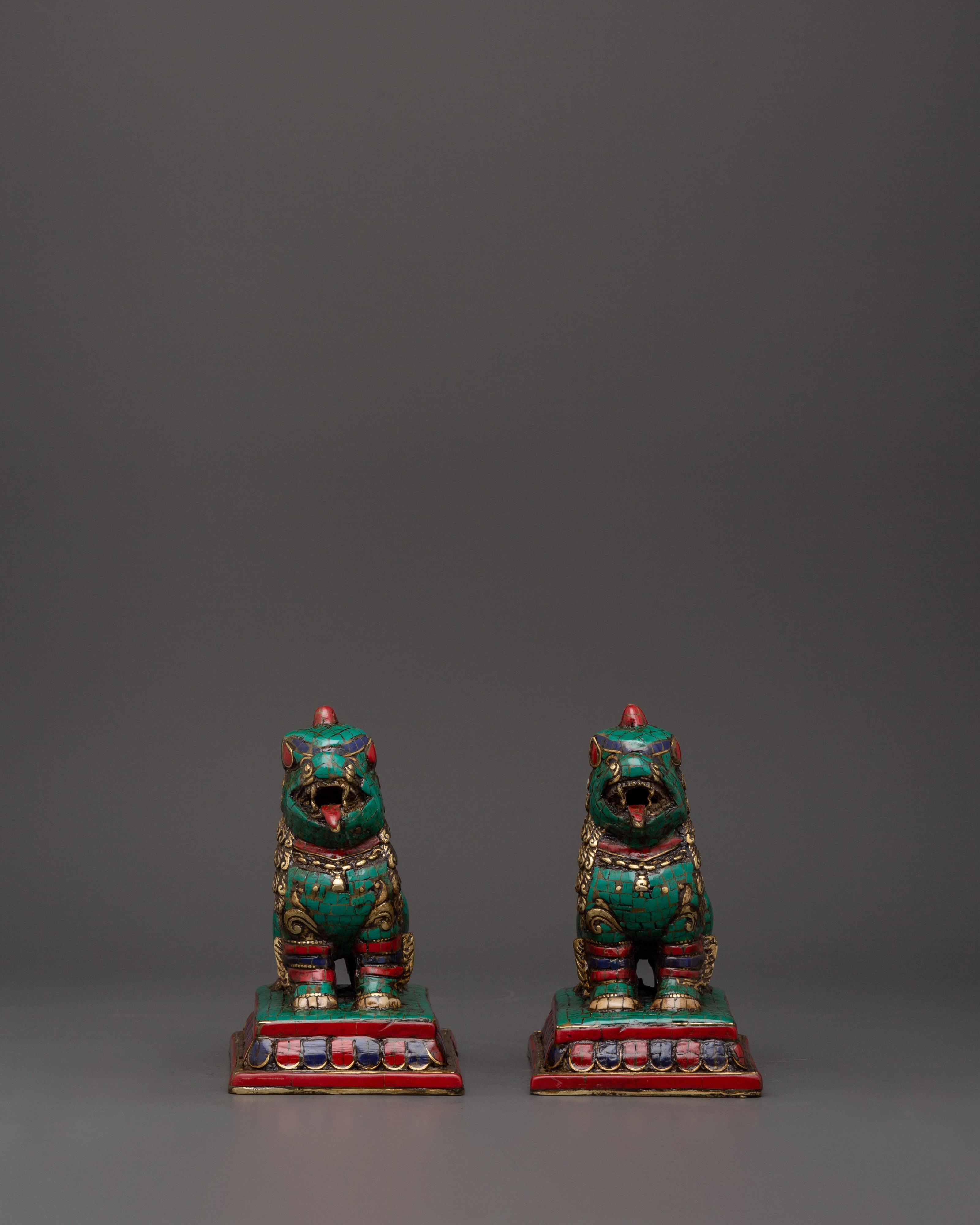 Tibetan Lion Set Brass Guardian Statues
