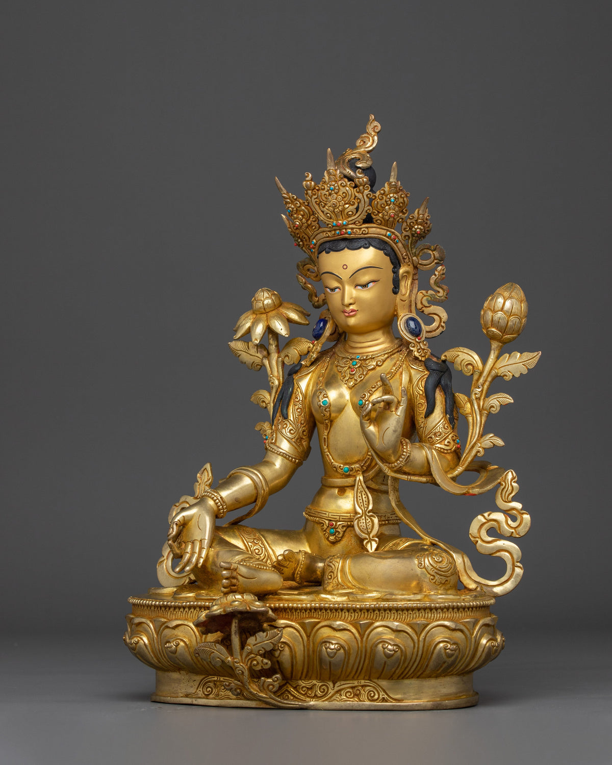 Sacred Green Tara Goddess Sculpture | 24K Gold Gilded Copper with Acrylic Detailing