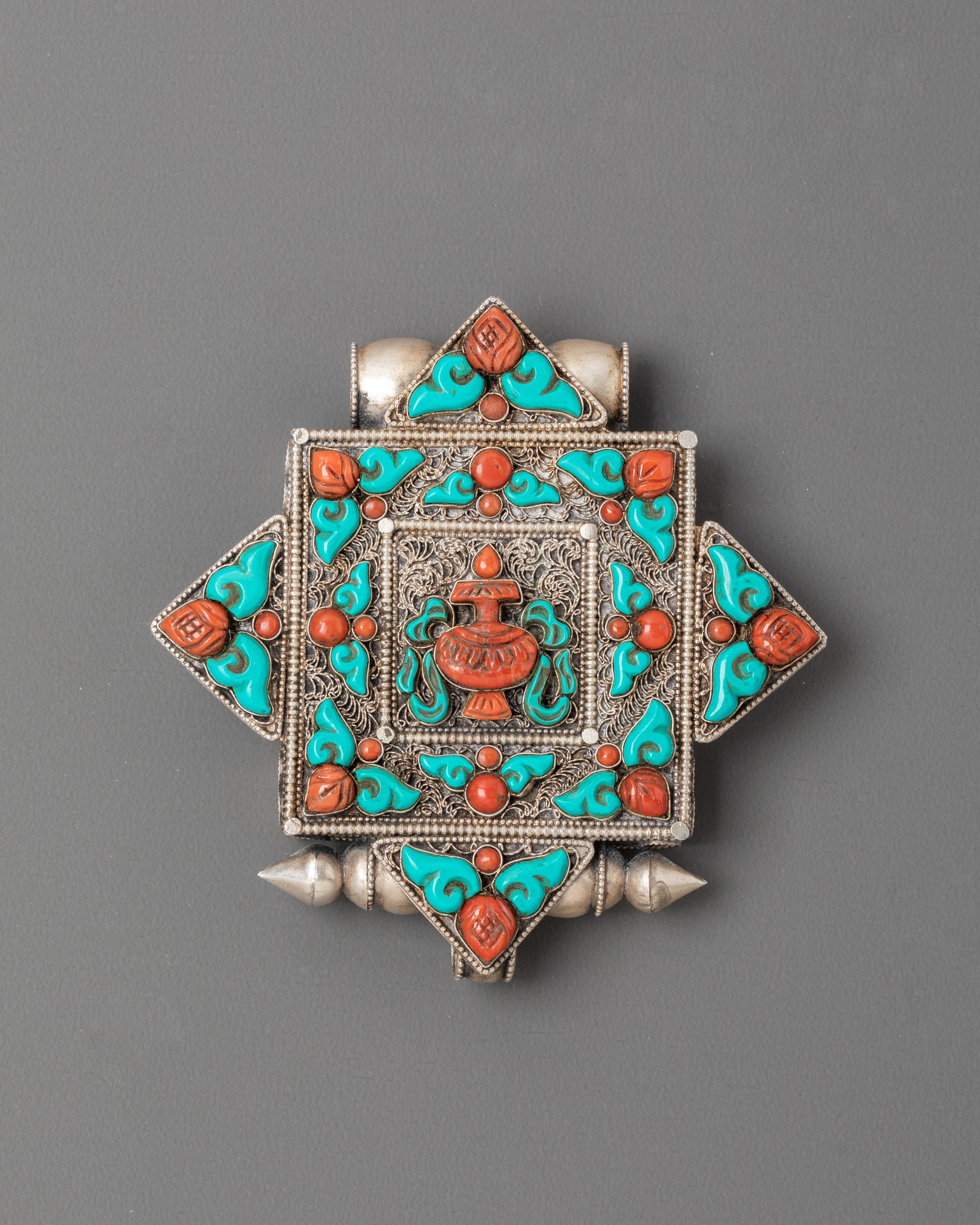 Tibetan Ghau Locket with Coral | Coral and Turquoise for Spiritual Use