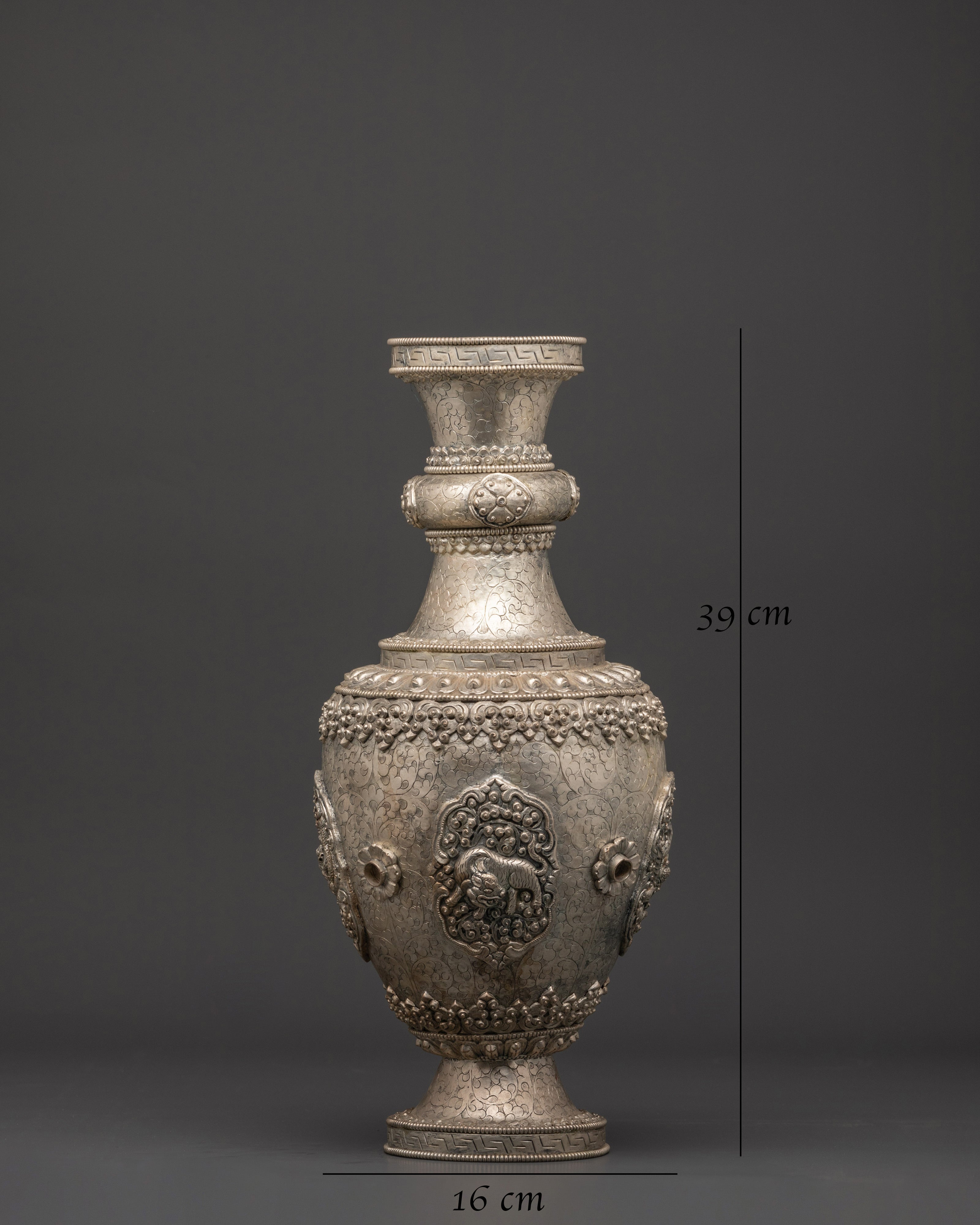Handcrafted Silver Flower Vase Pair | Tibetan Buddhist Lion Motif Urns