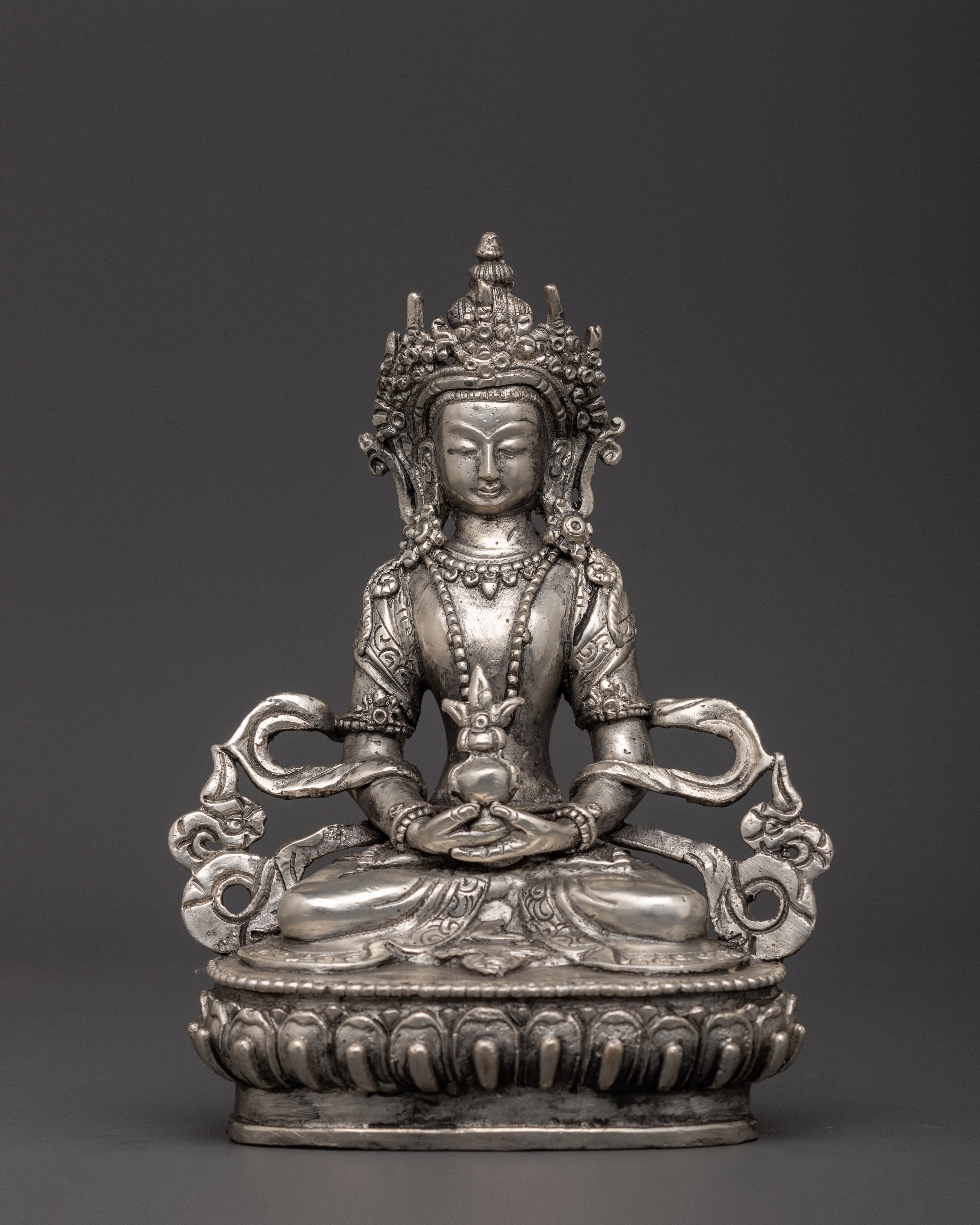 Amitayus Copper Body Silver Plated Statue