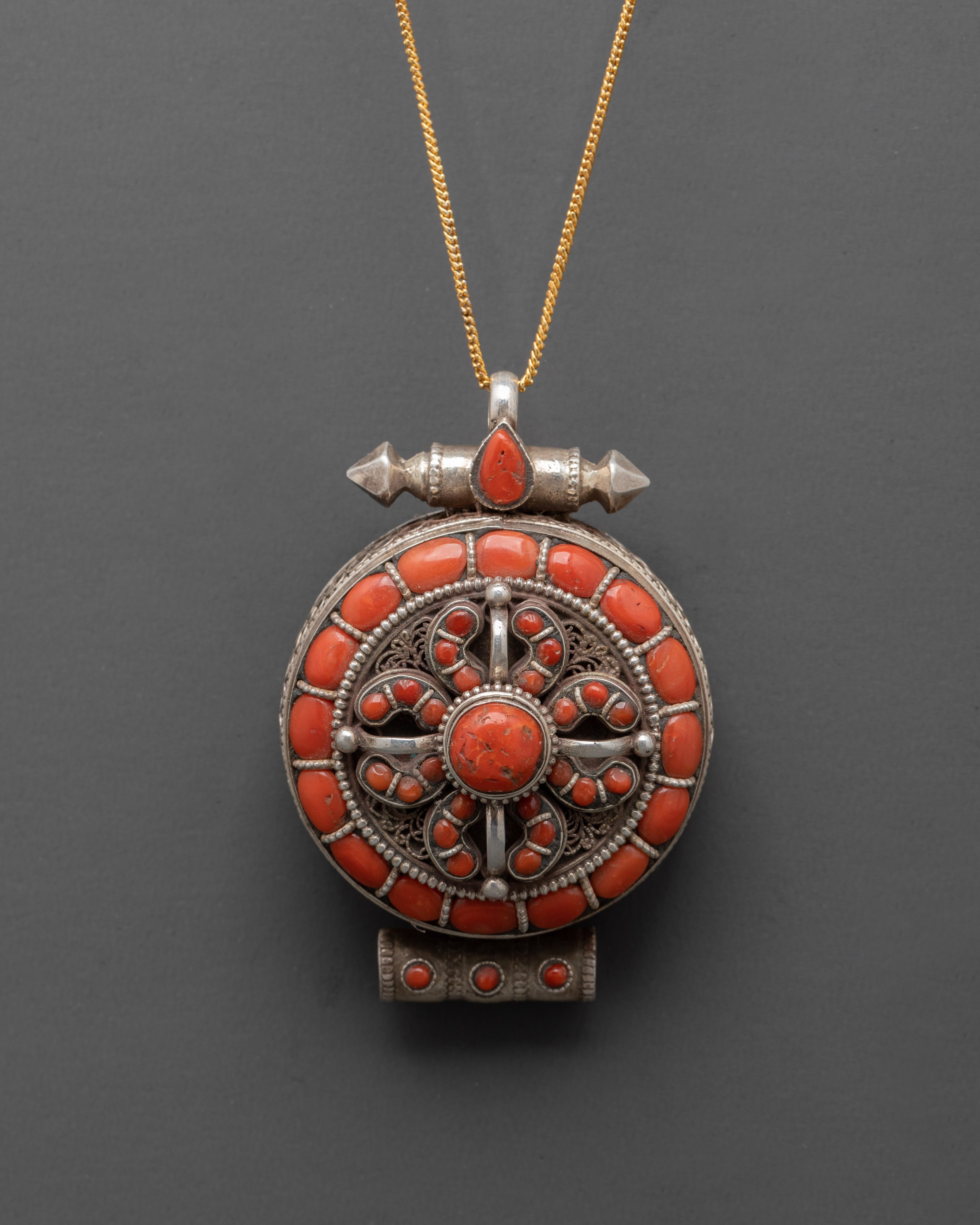 Sterling Silver Ghau Box Locket with Coral Stone