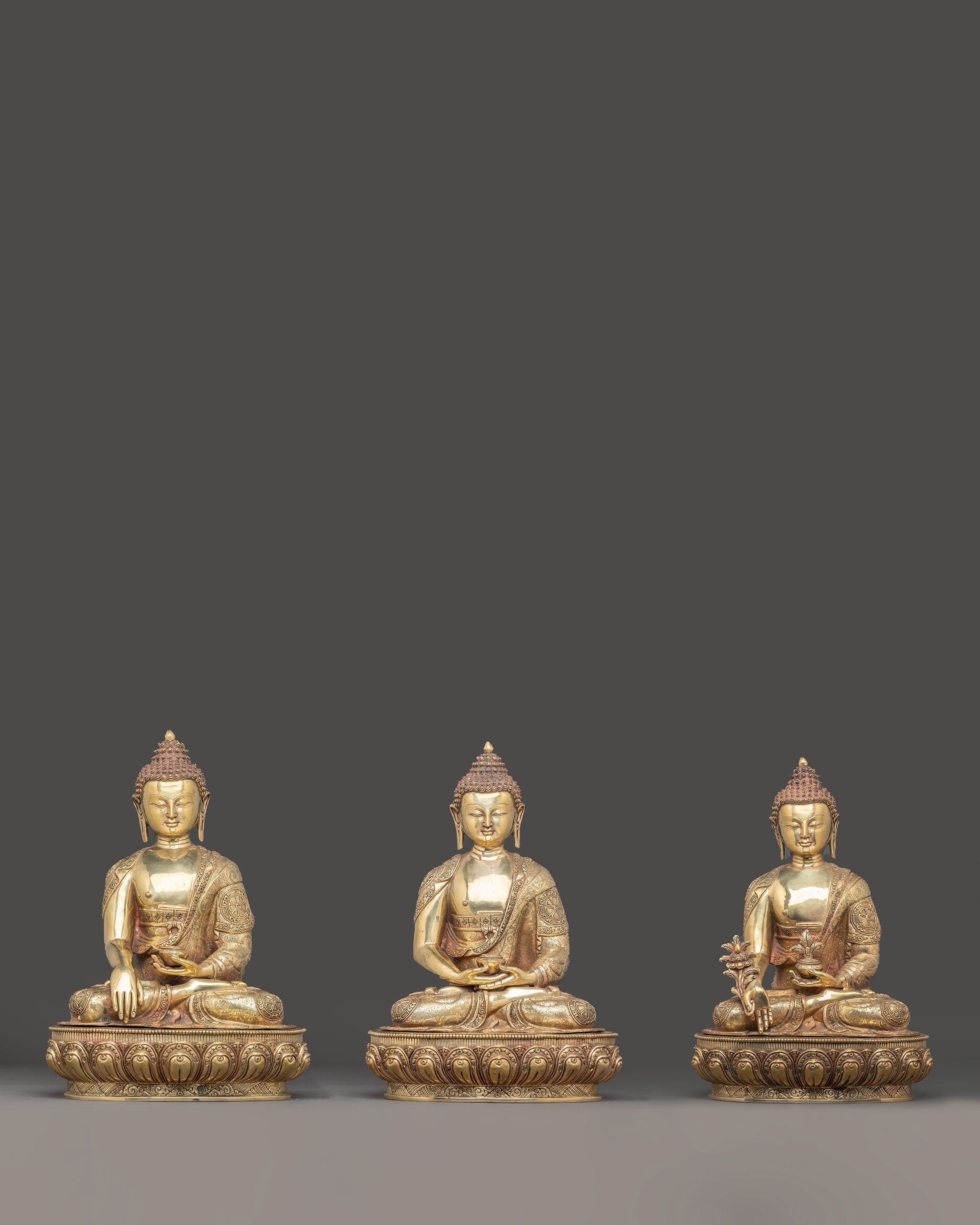Tibetan Three Buddha Statue Set | Medicine Buddha, Shakyamuni Buddha & Amitabha Buddha
