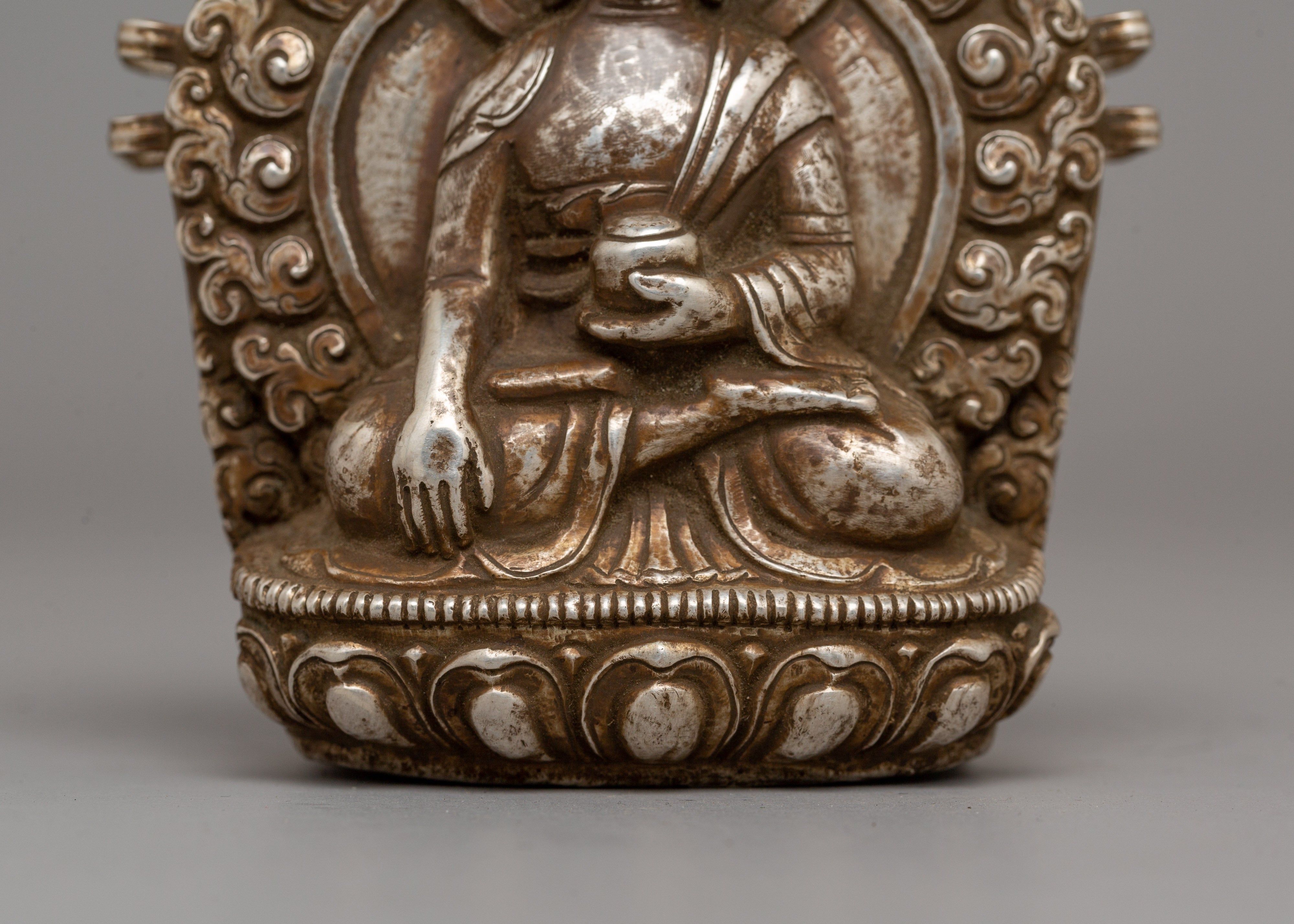 Shakyamuni Buddha Ghau Box in Silver | Sacred Buddhist Prayer Box