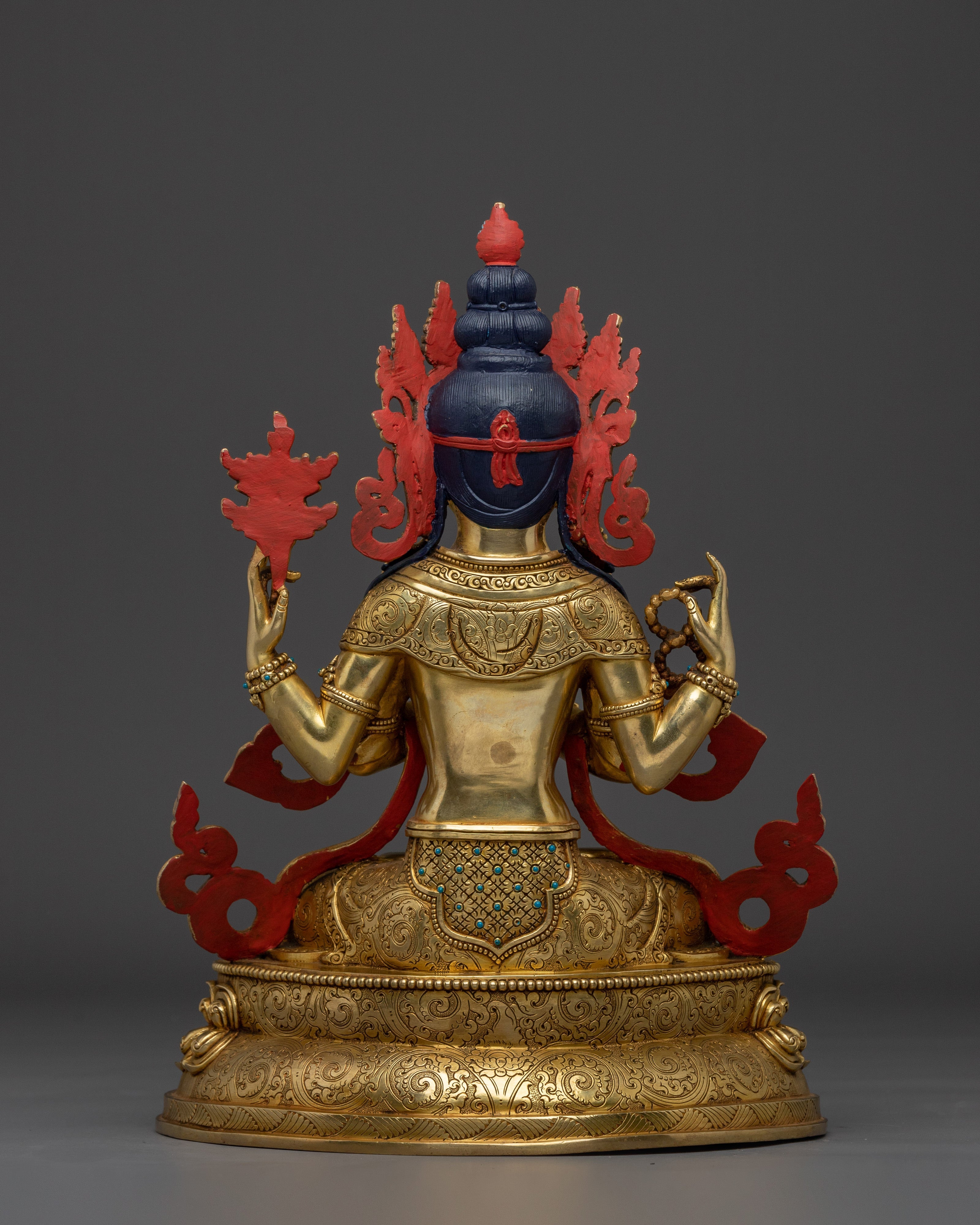 Gold Gilded Chenrezig Statue with Copper Body | Tibetan Bodhisattva of Compassion