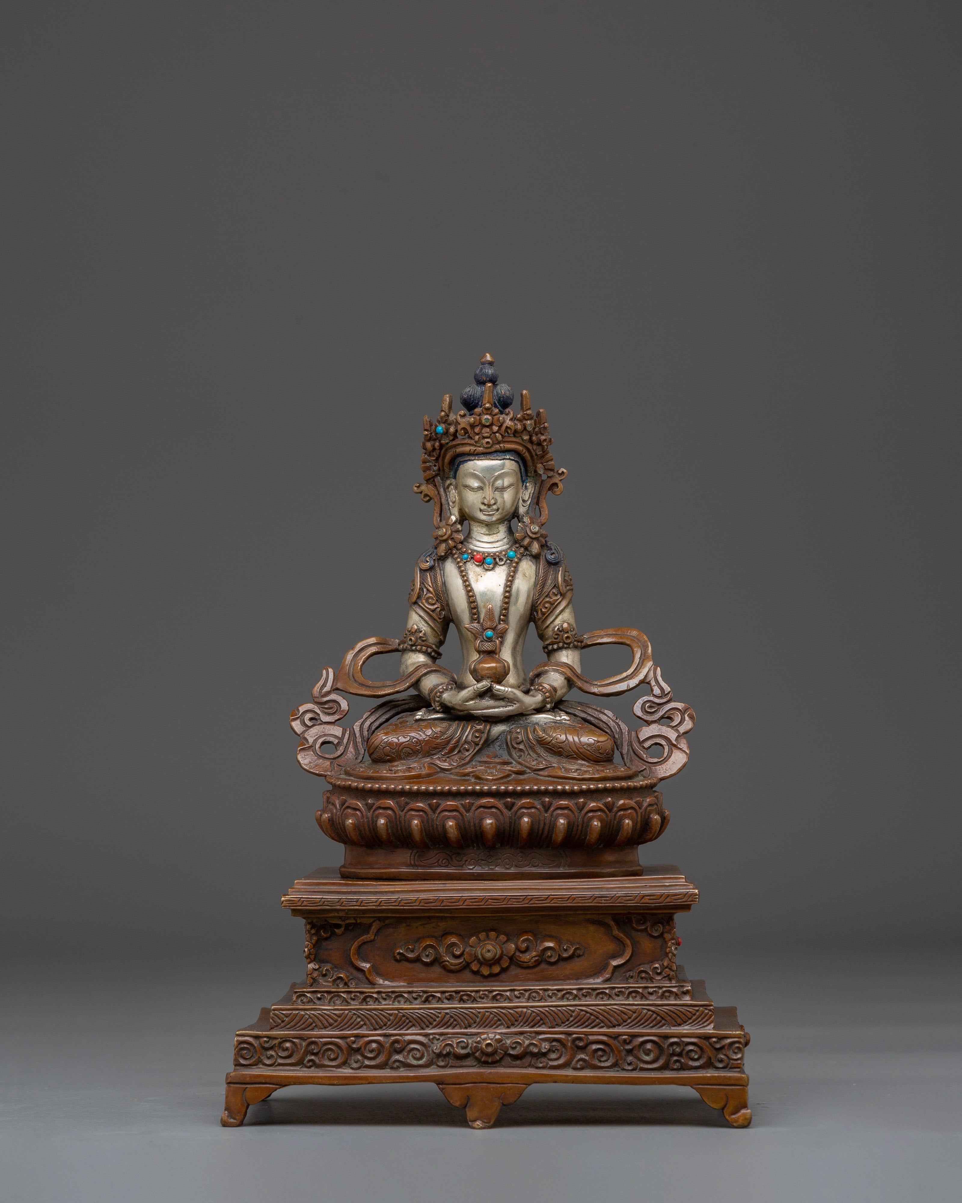 Amitayus Buddha Statue with Throne | Gold Gilded Copper Sculpture for Longevity