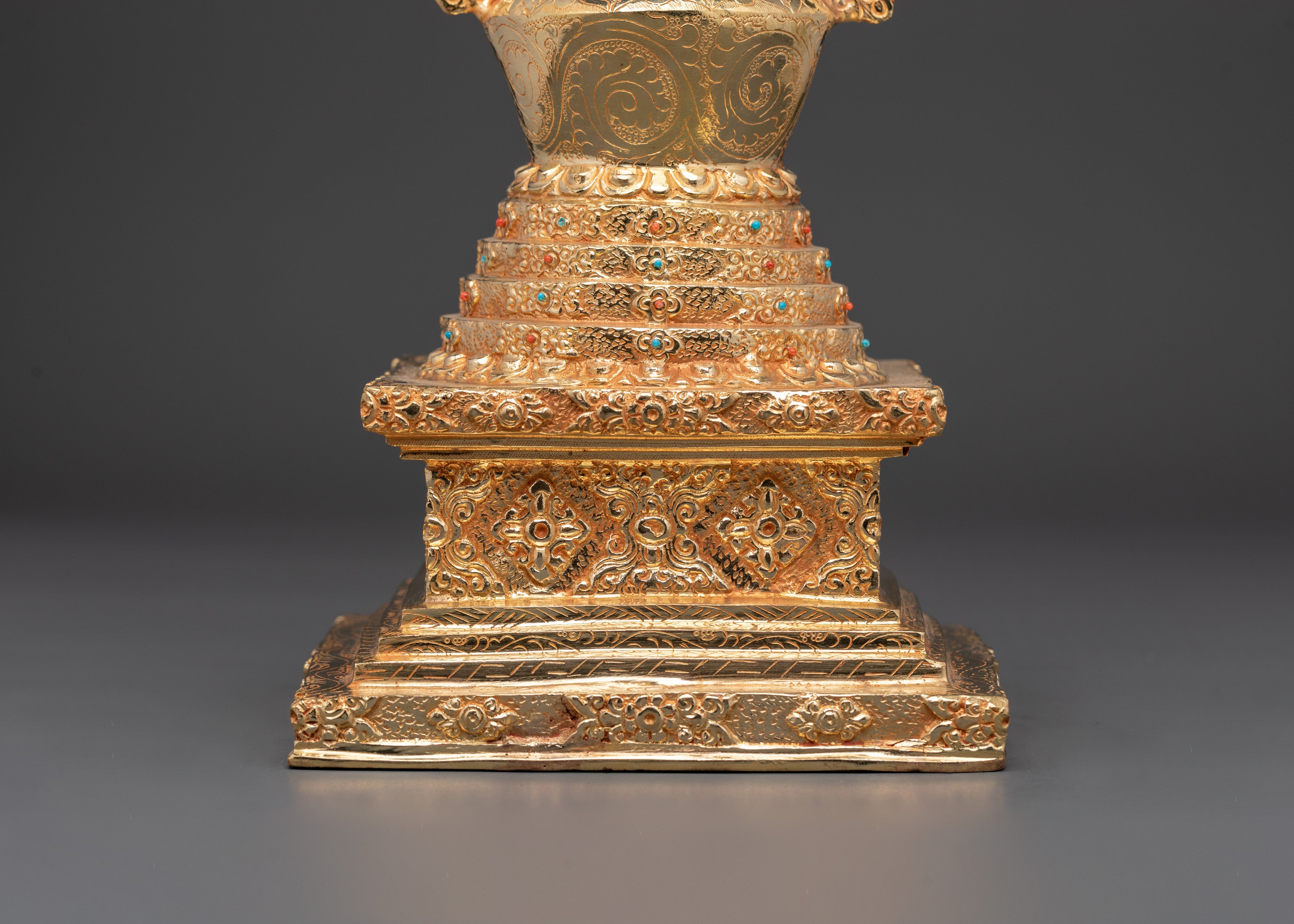 Gold-Plated Stupa Ritual Artifact | Handcrafted Copper Tibetan Stupa with Turquoise