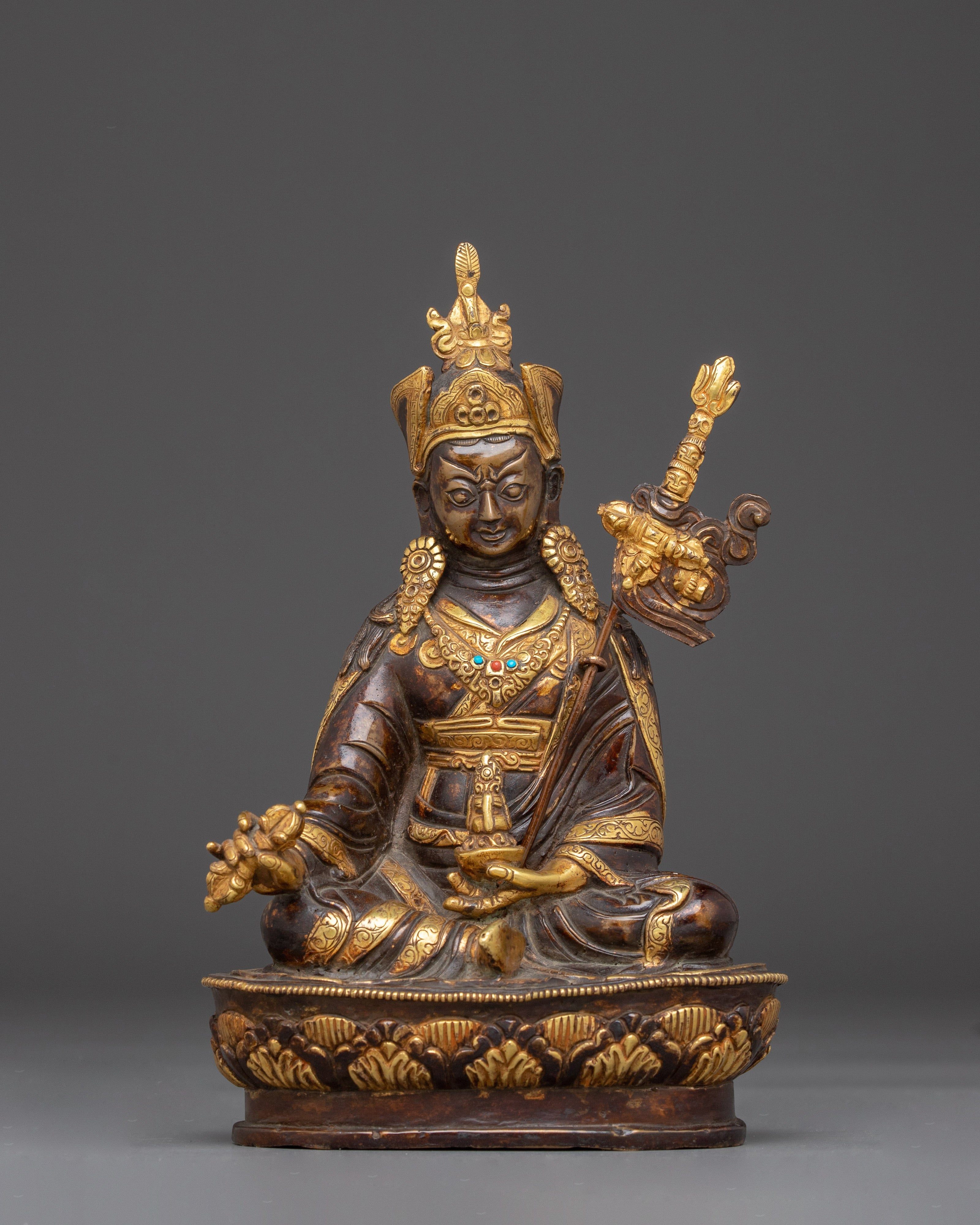 Oxidized Copper Statue of Guru Rinpoche | Gold-Plated Tibetan Spiritual Figure