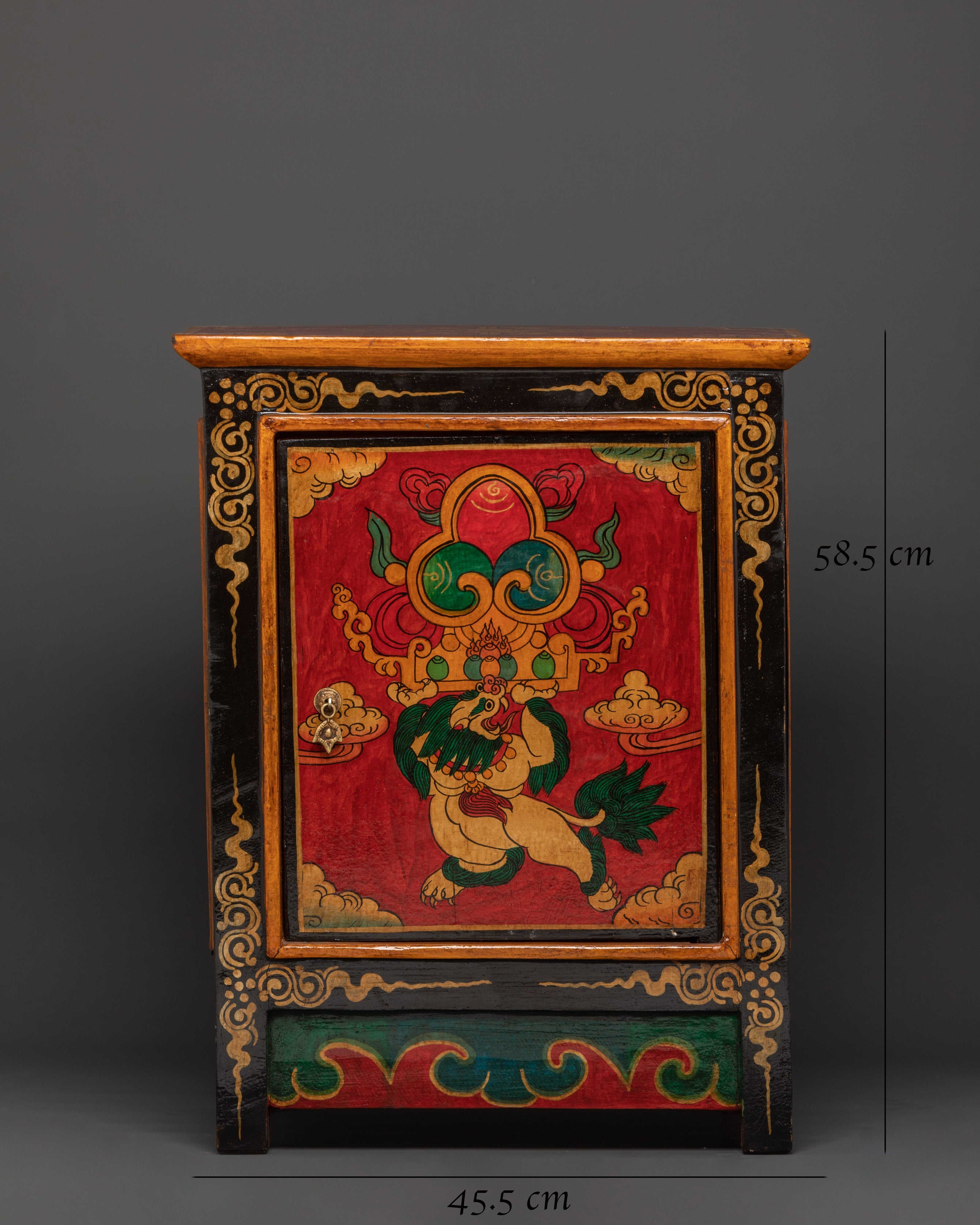 Handcarved Tibetan Wood Cabinet | Engraved Snow Lion Guardian