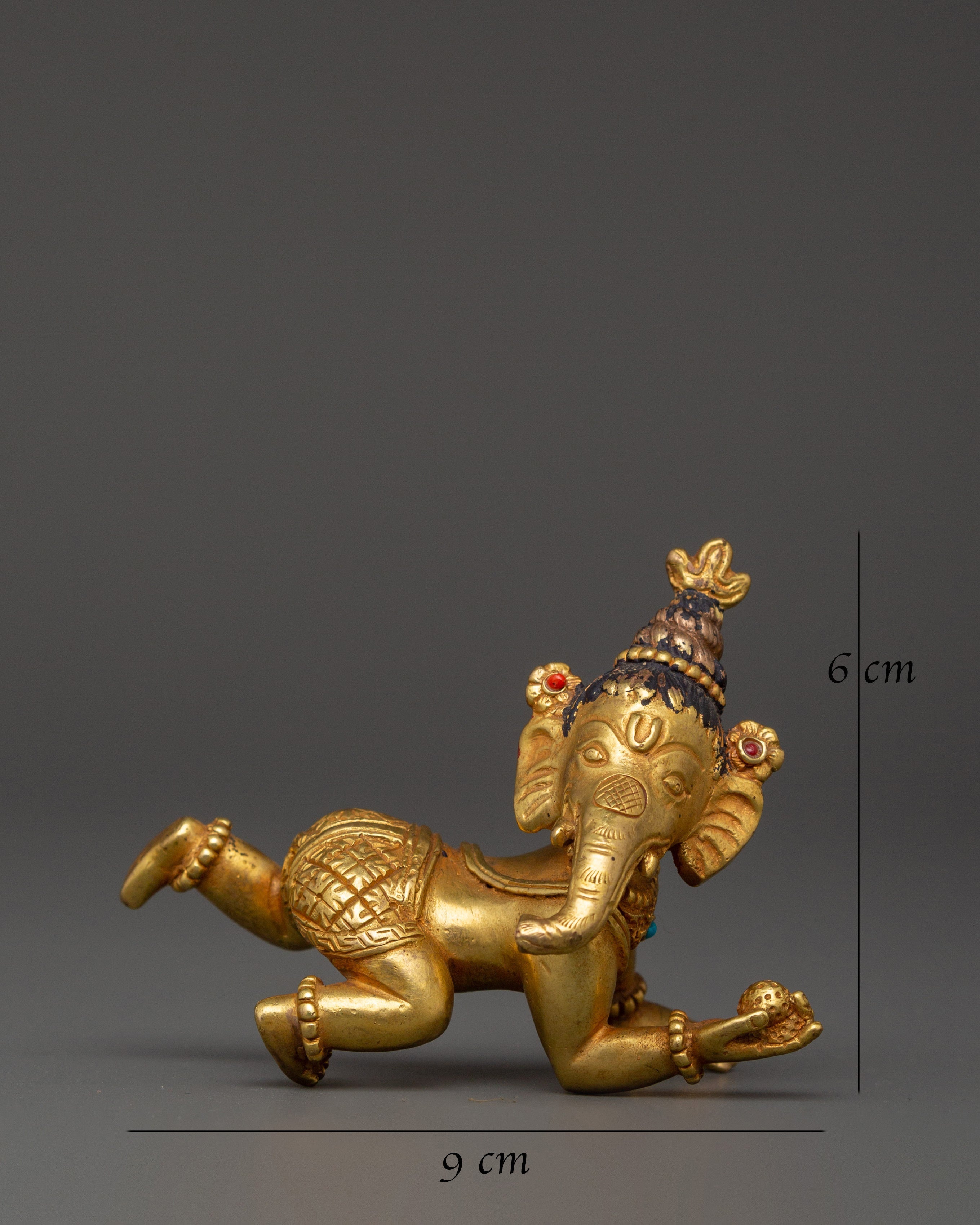 Ganesh Copper Gold-Plated Statue with Cora Stones | Hindu Ganesha Figurine