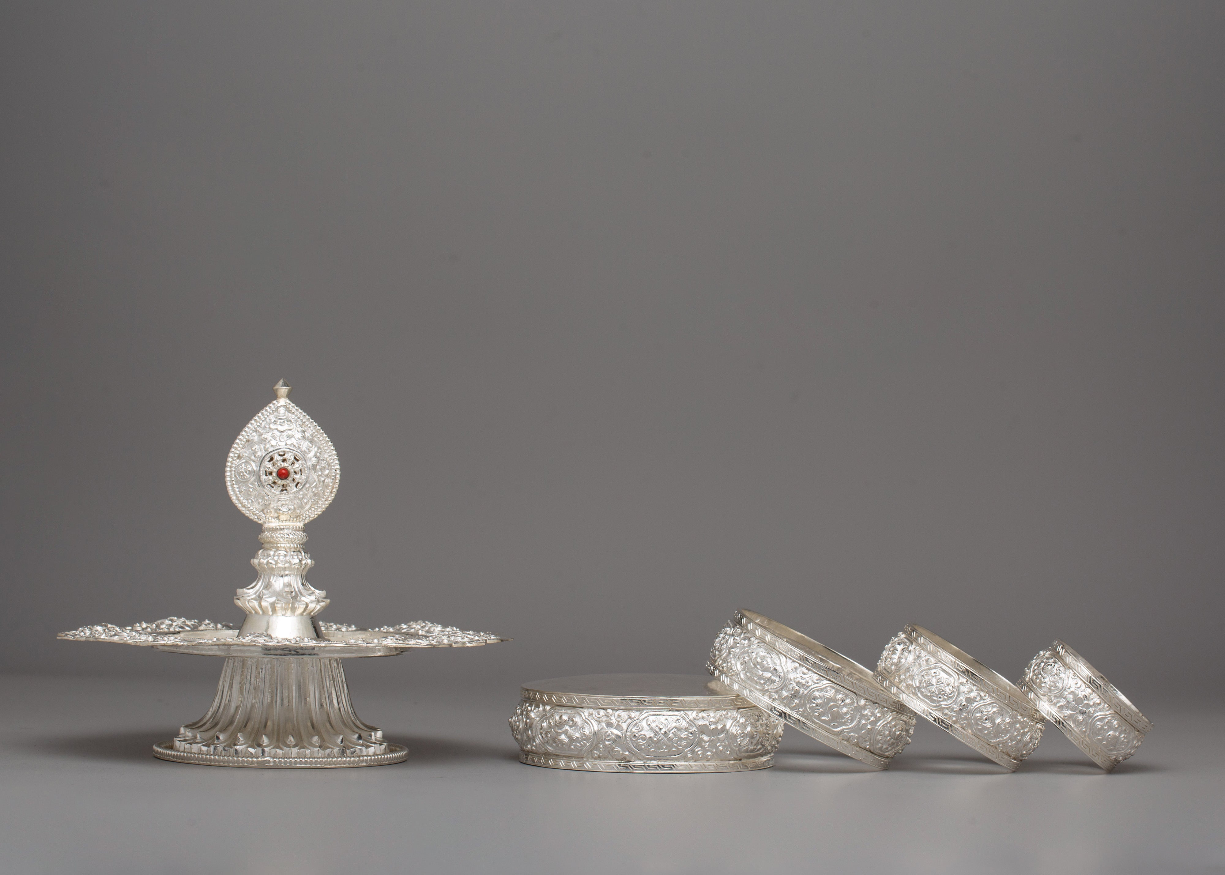 Handcrafted Silver Ritual Item Mandala Offering Set | 17.5cm Rice Offering Set