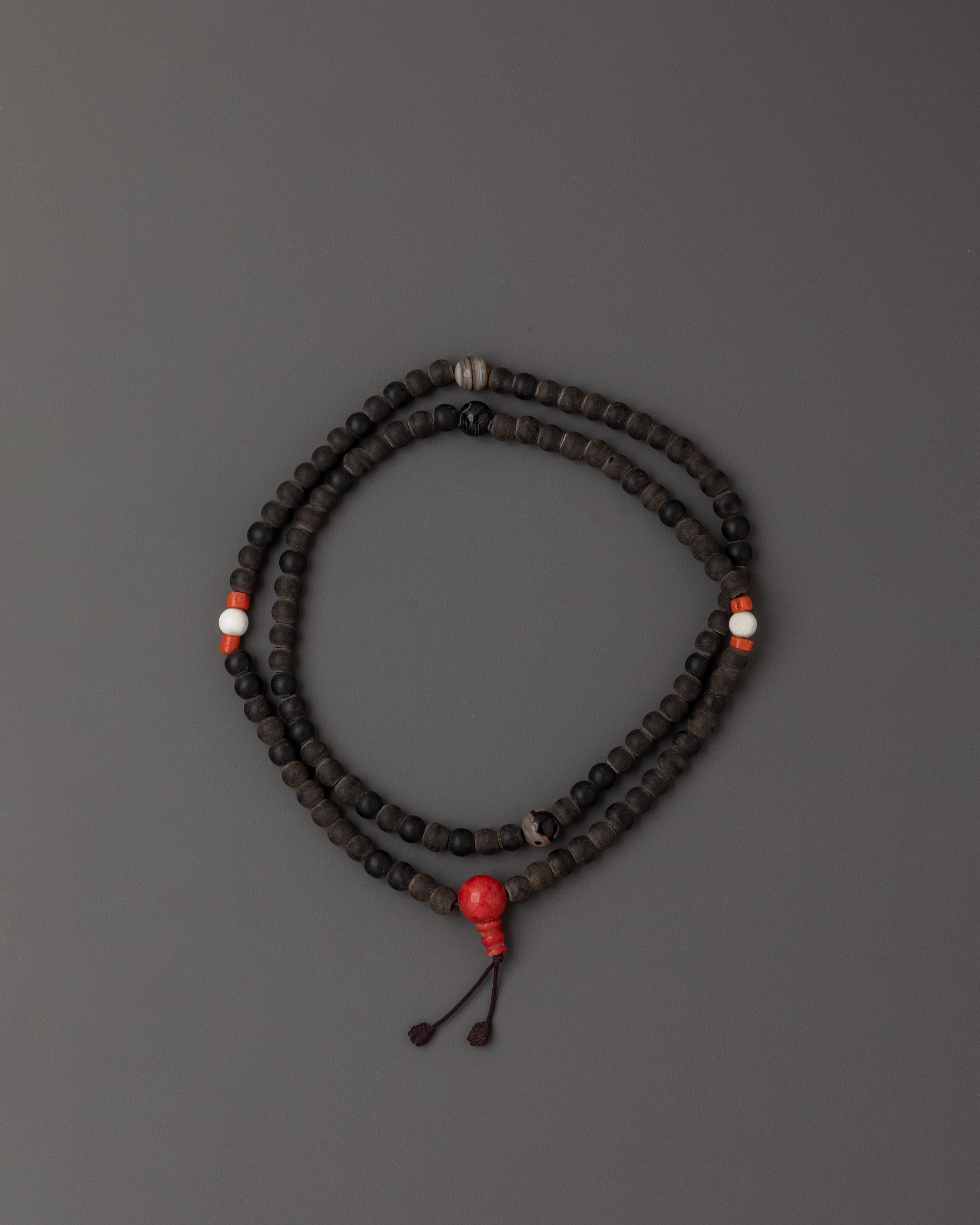47cm Black Stone Mala | 8mm Meditation Beads with Coral & Turquoise Stones