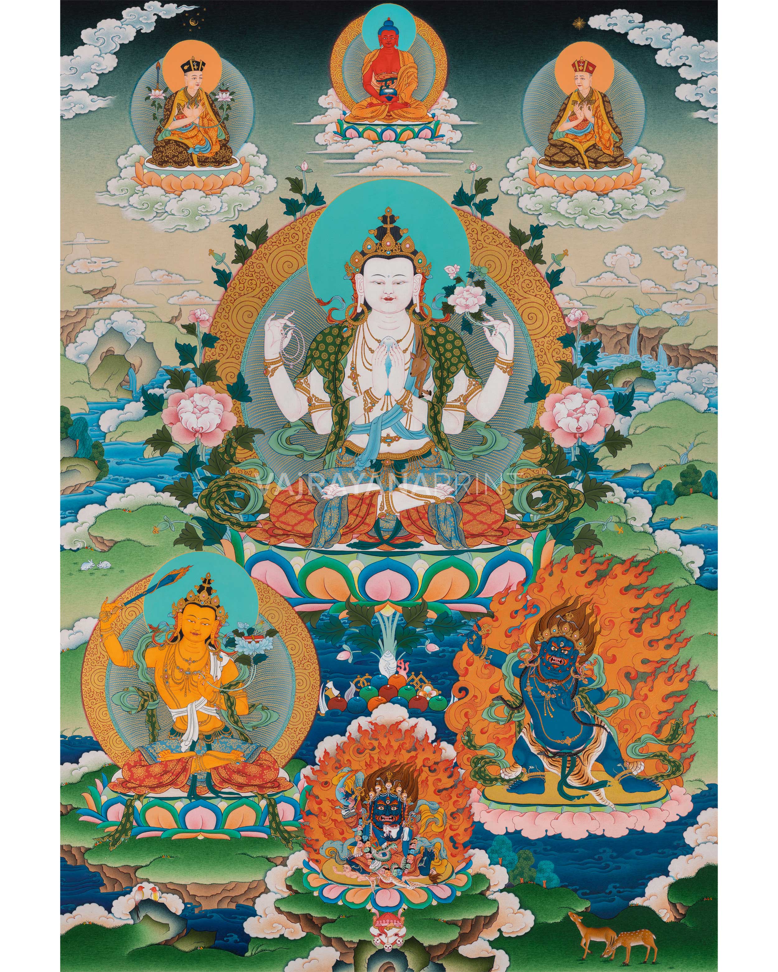 Chenresig, Manjushri Vajrapani Print | Kagyu Thangka Print