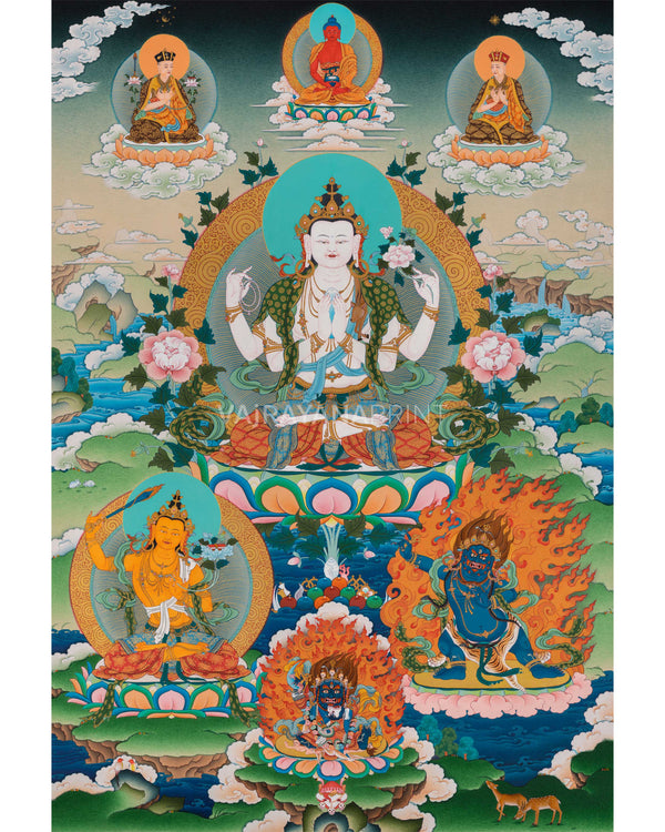 Chenresig, Manjushri Vajrapani, Kagyu Thangka Print