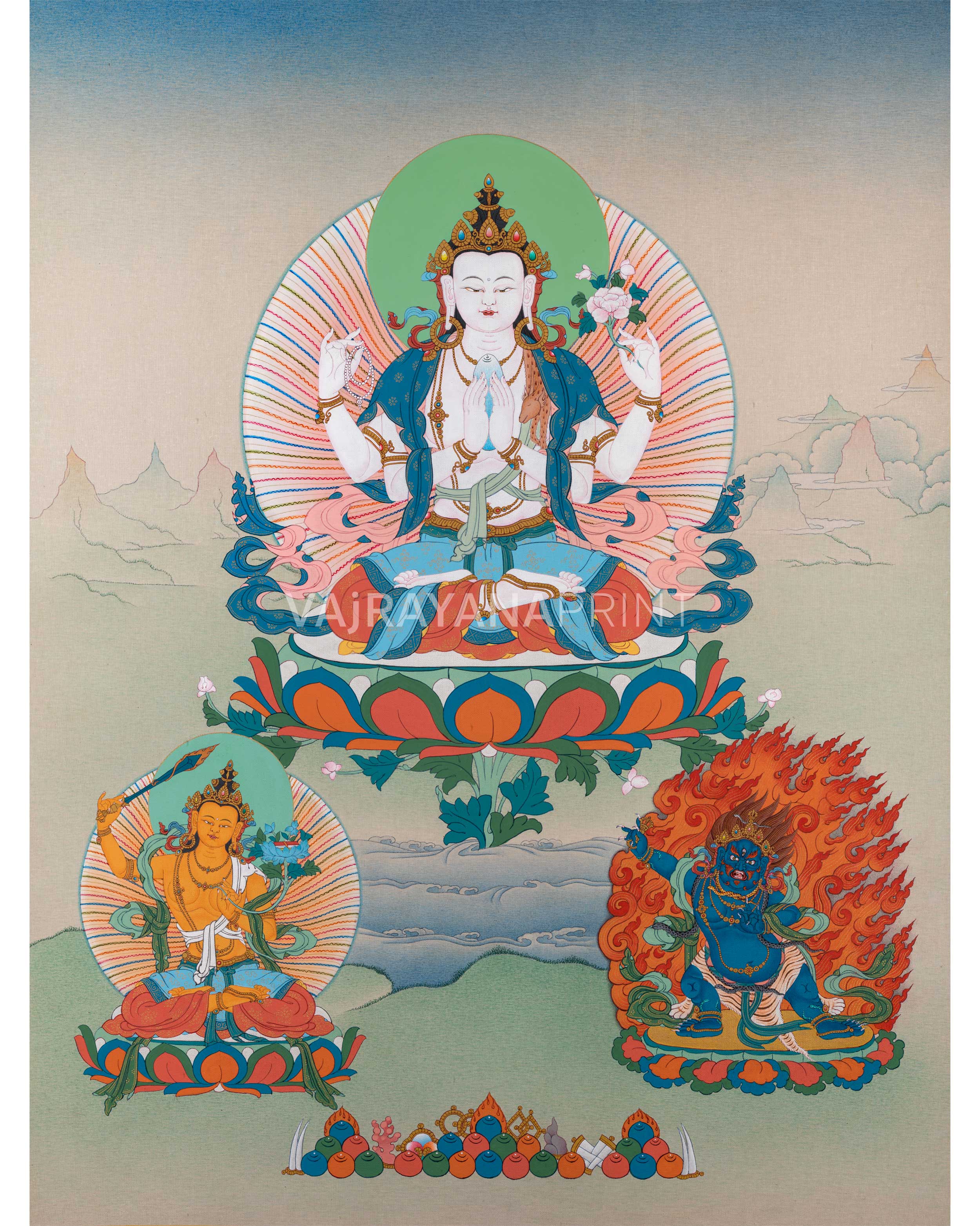 Chenresig, Manjushri and Vajrapani Thangka Print | Digital Printing