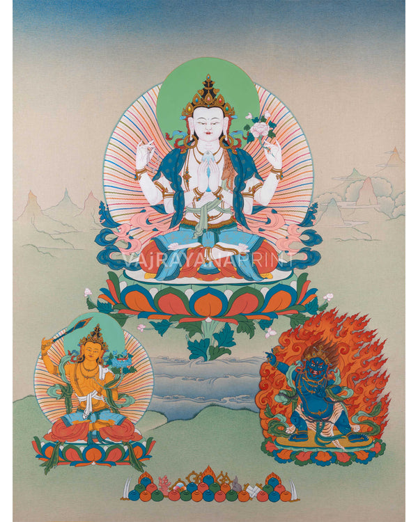 Chenresig with Vajrapani and Manjushri Thangka Print