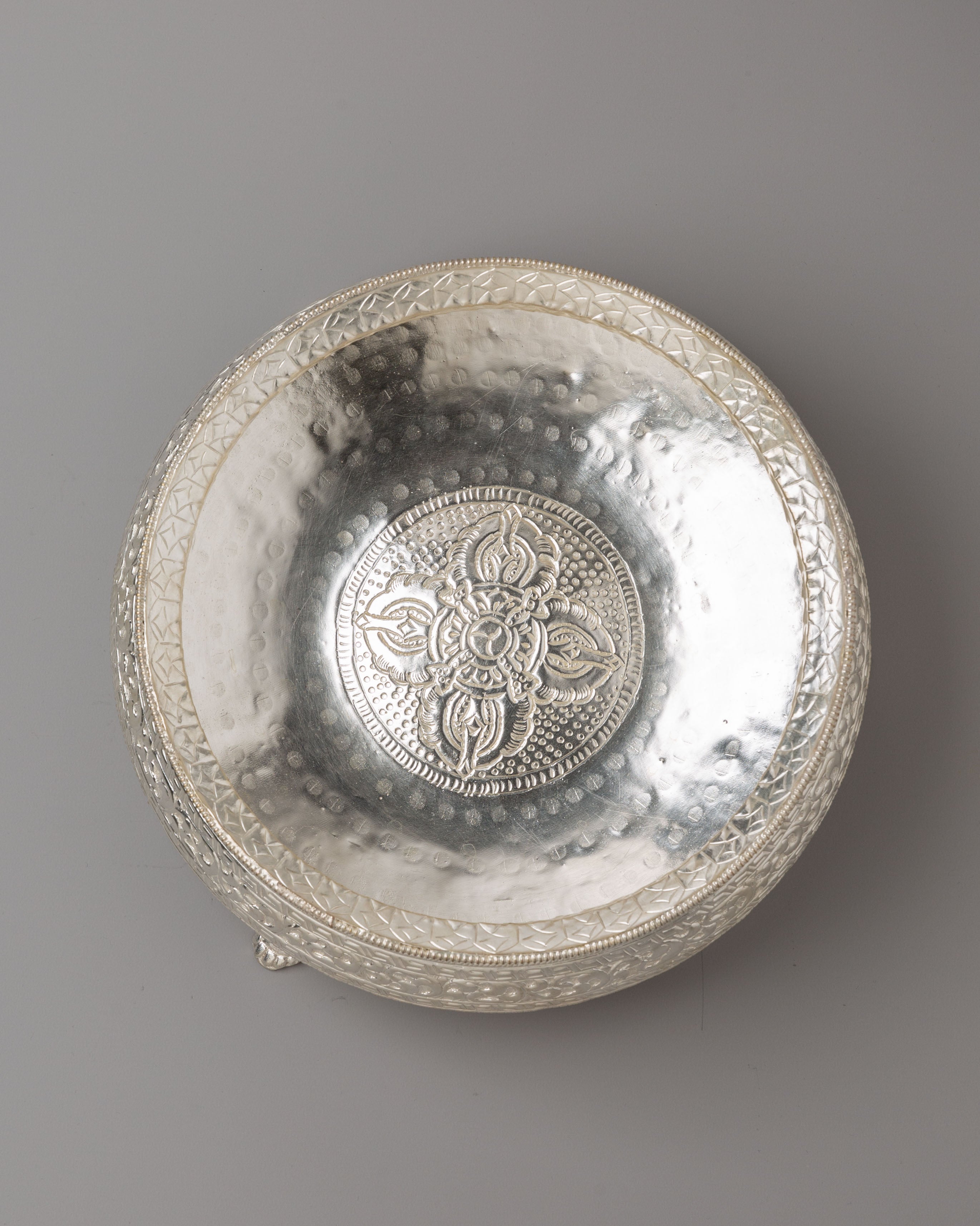 Himalayan Ritual Khadkula | Silver-Plated Brass Offering Bowl for Altar Decor