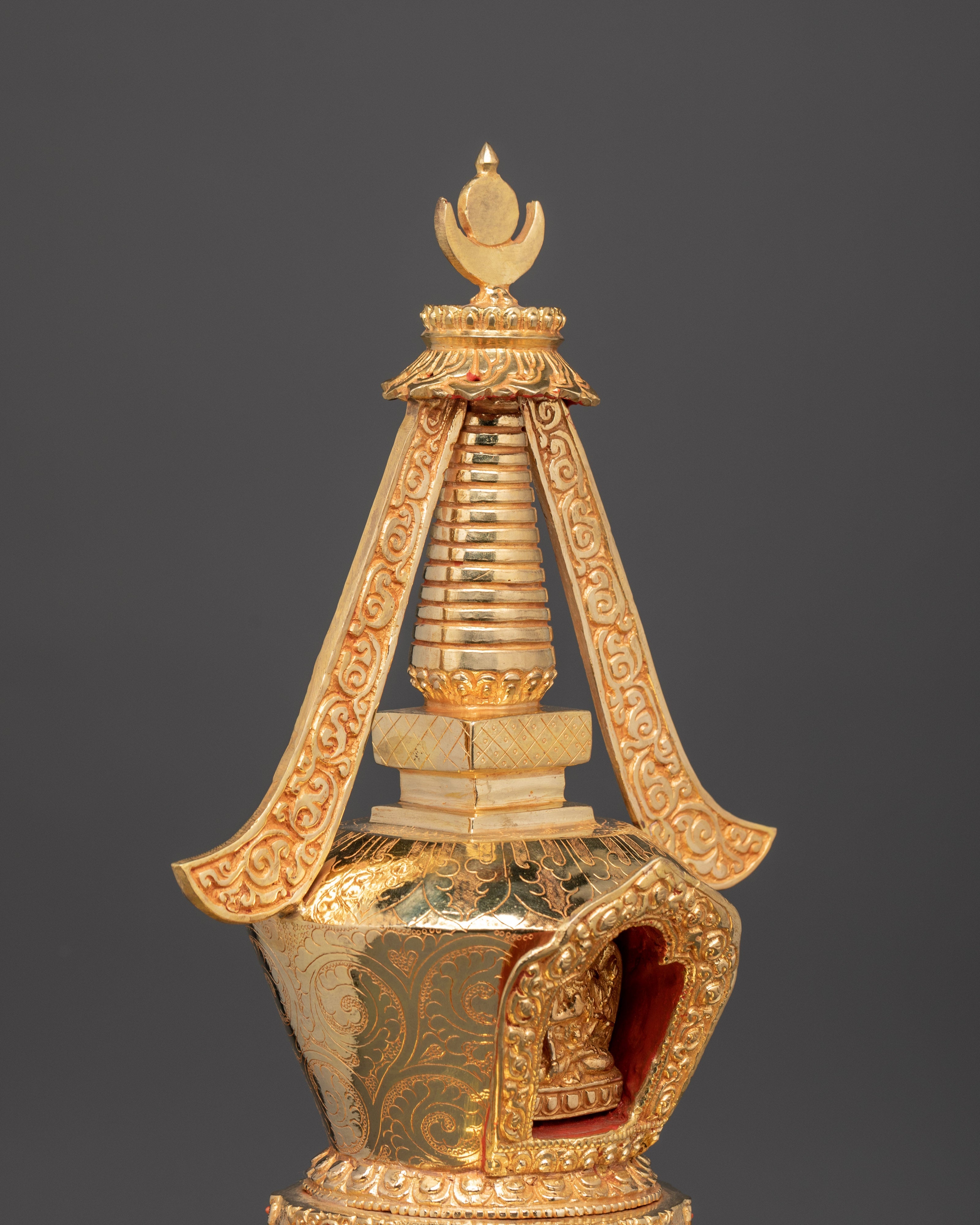 Tibetan Buddhist Stupa Sculpture | Gold Plated Copper Chorten
