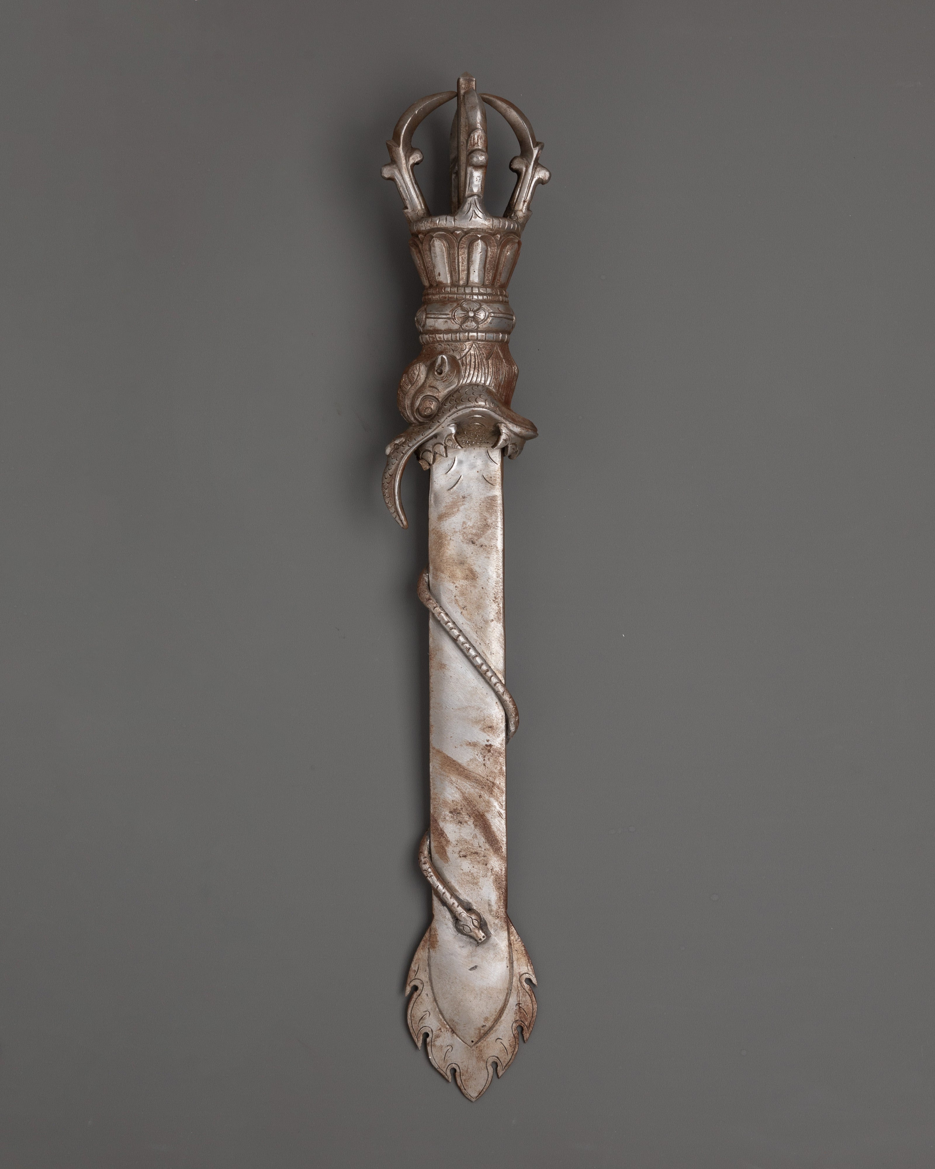 Iron Ritual Sword with Flame Design & Half Vajra