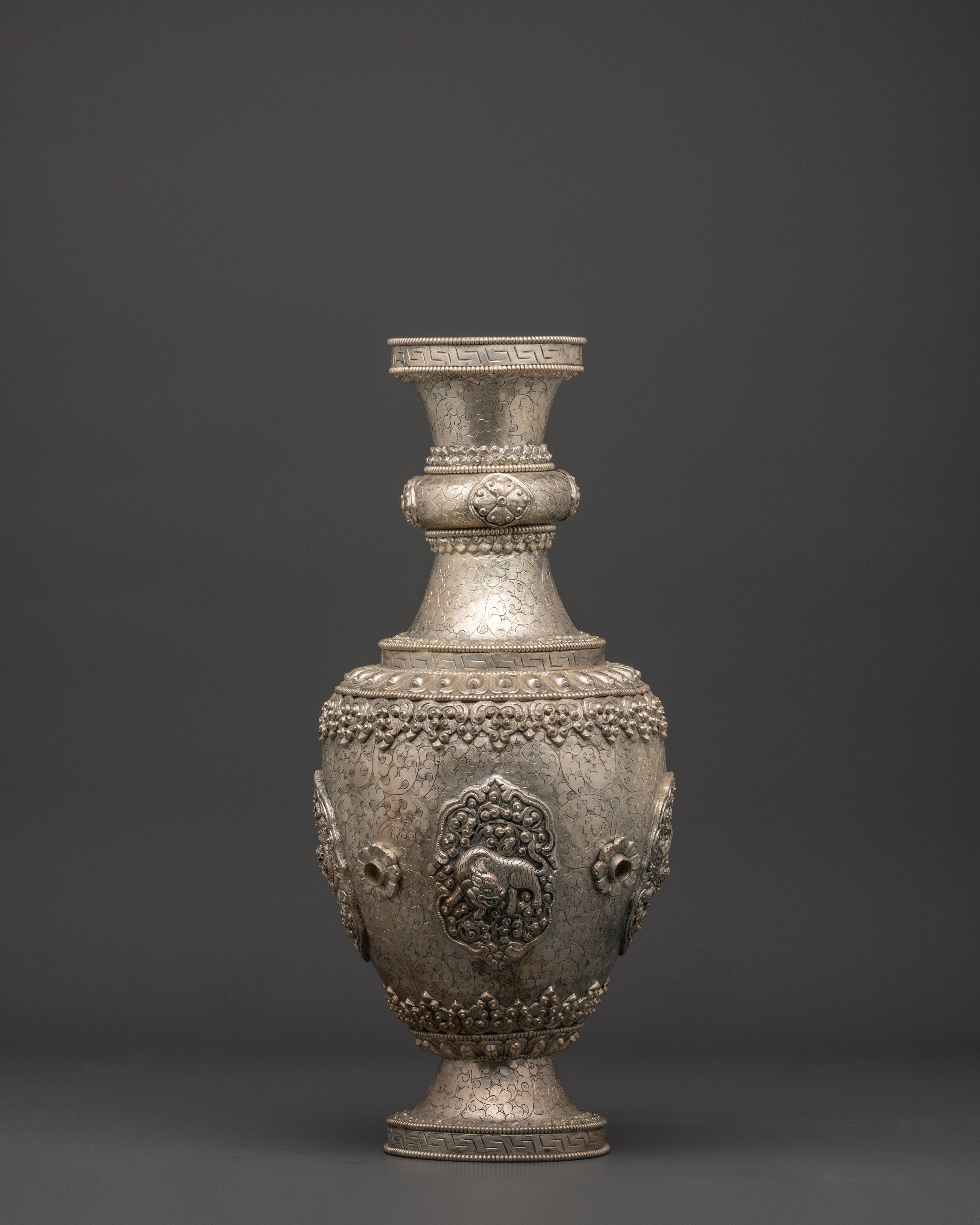 Handcrafted Silver Flower Vase Pair | Tibetan Buddhist Lion Motif Urns